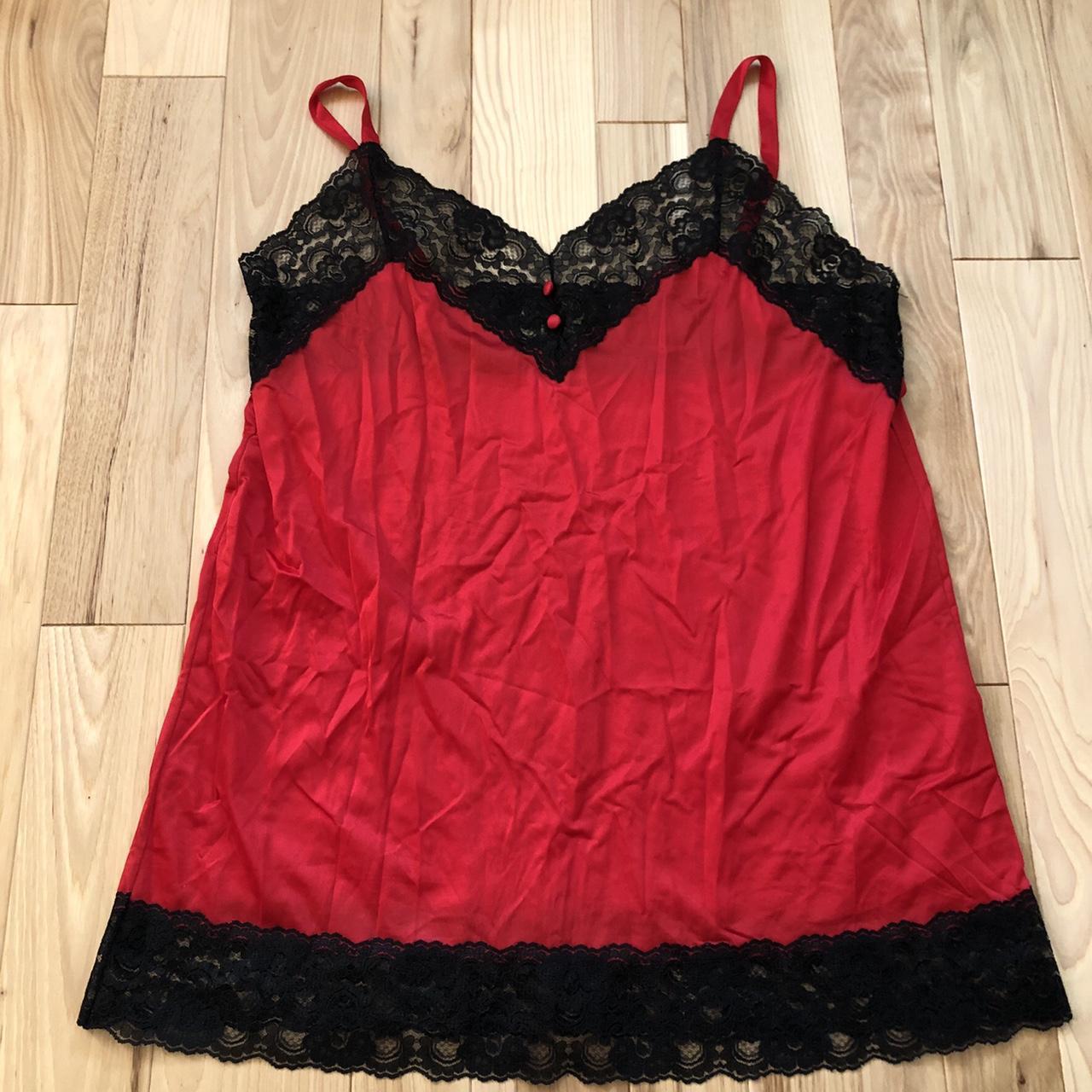 Vintage Avon Style Red Nylon Black Lace Trim Chemise... - Depop