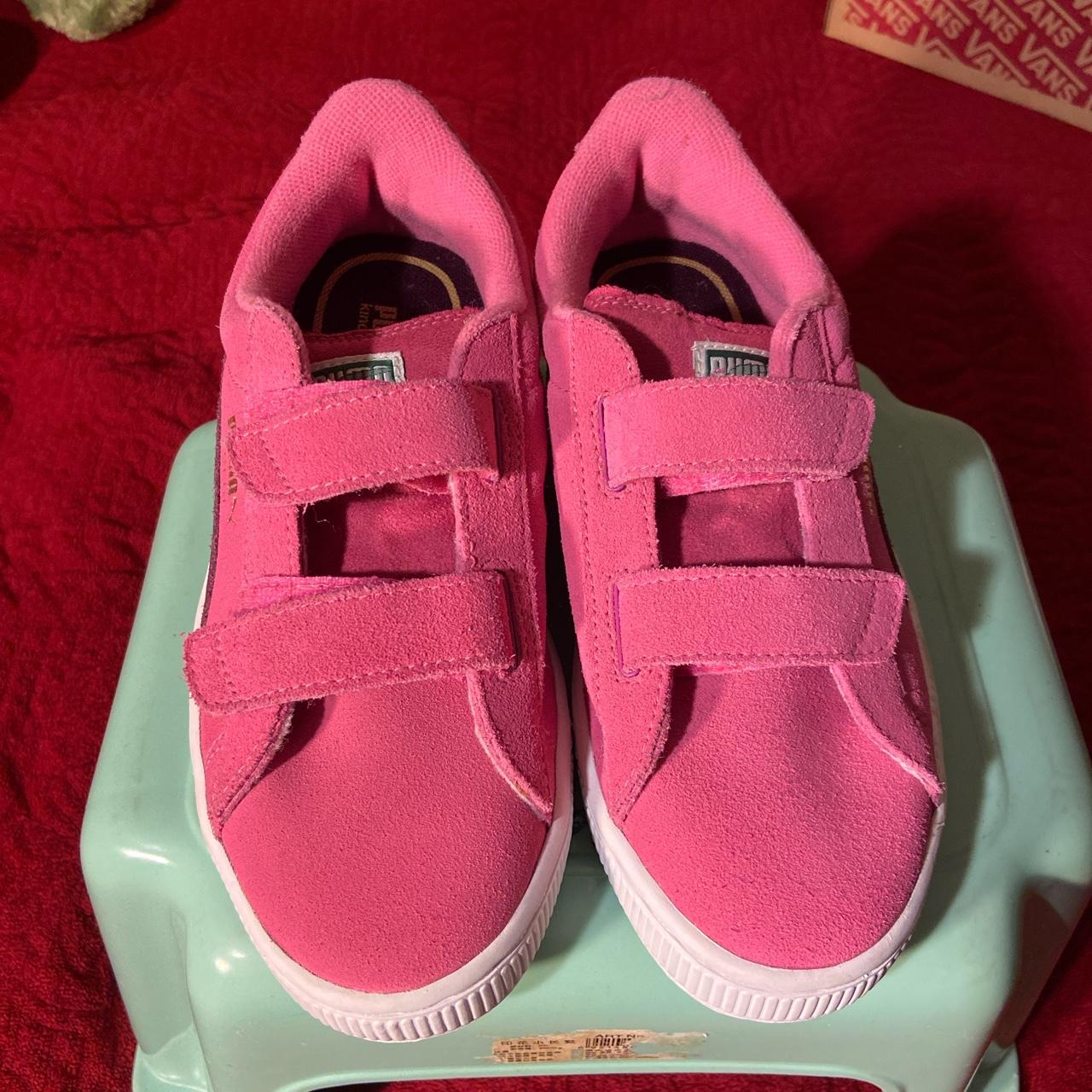 Pink Velcro puma shoes. Size 3 youth - Depop