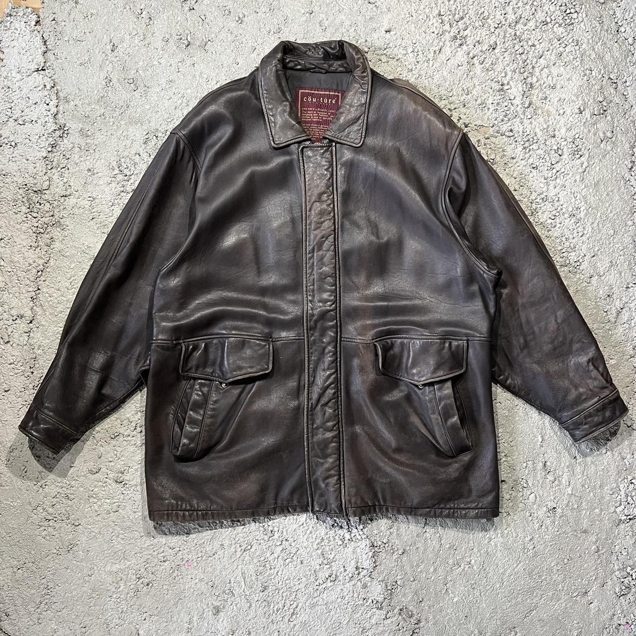 Couture Y2K Long Brown Leather Jacket Coat Size... - Depop