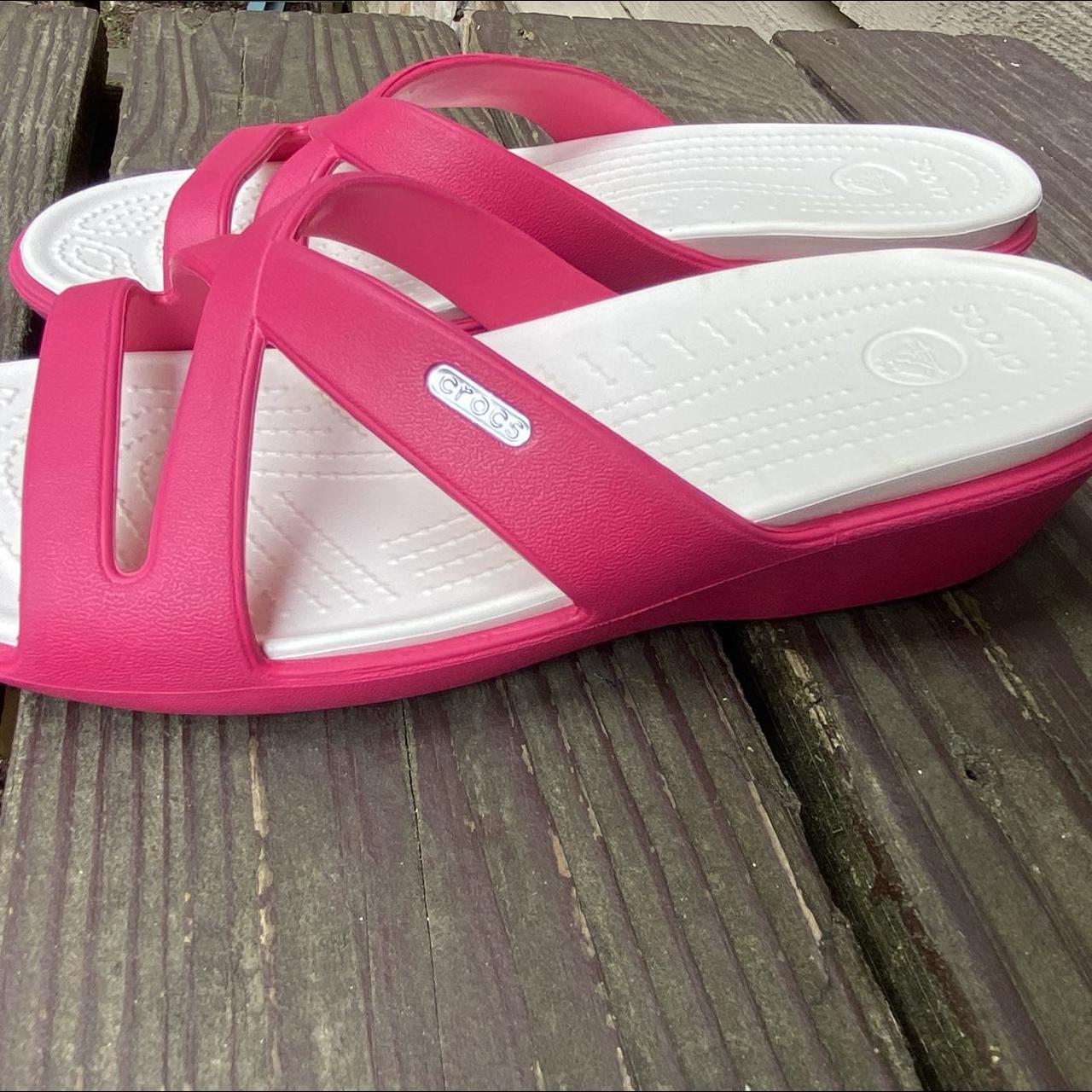 Crocs Women's Pink and White Sandals | Depop