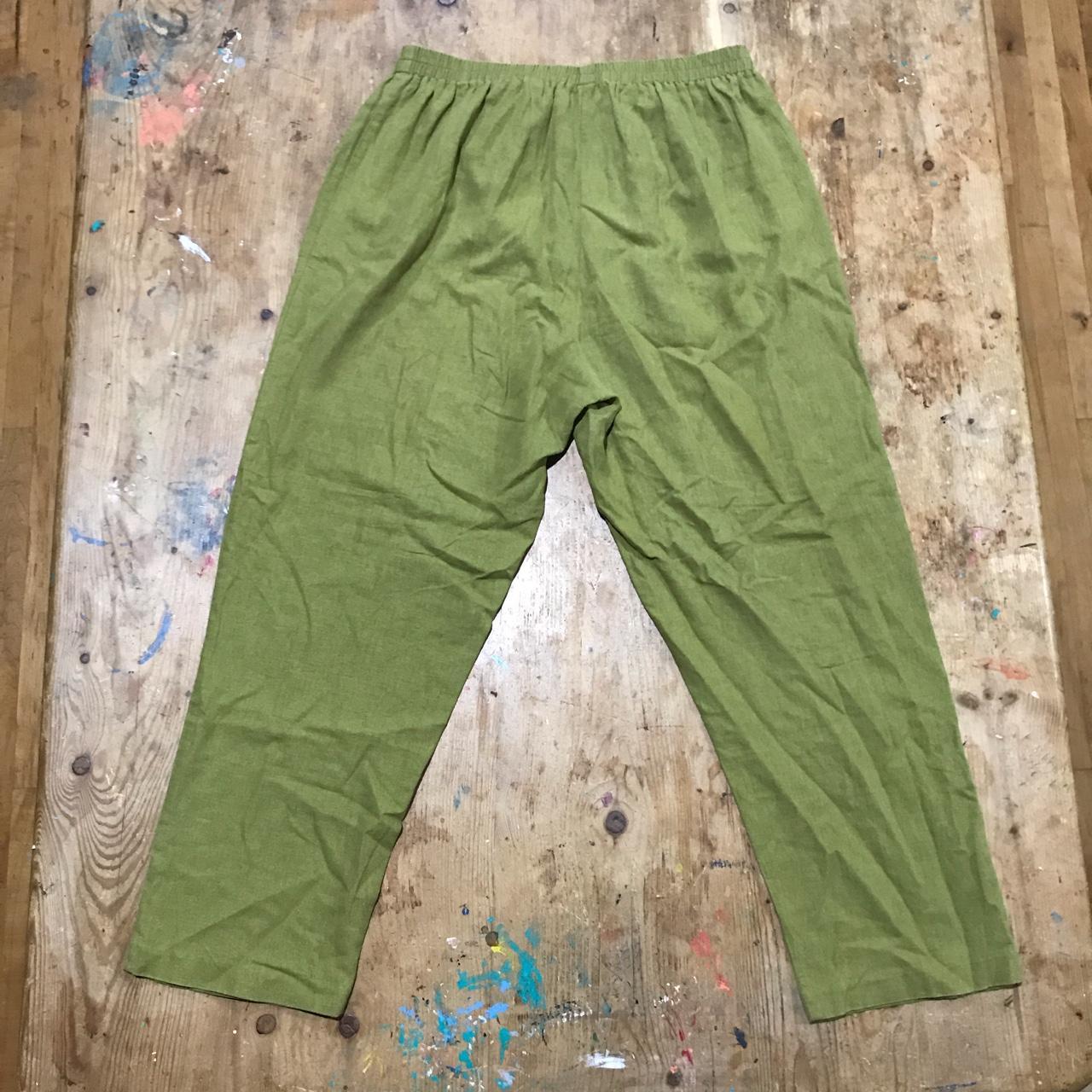 90's split pea green linen blend loose fit... - Depop