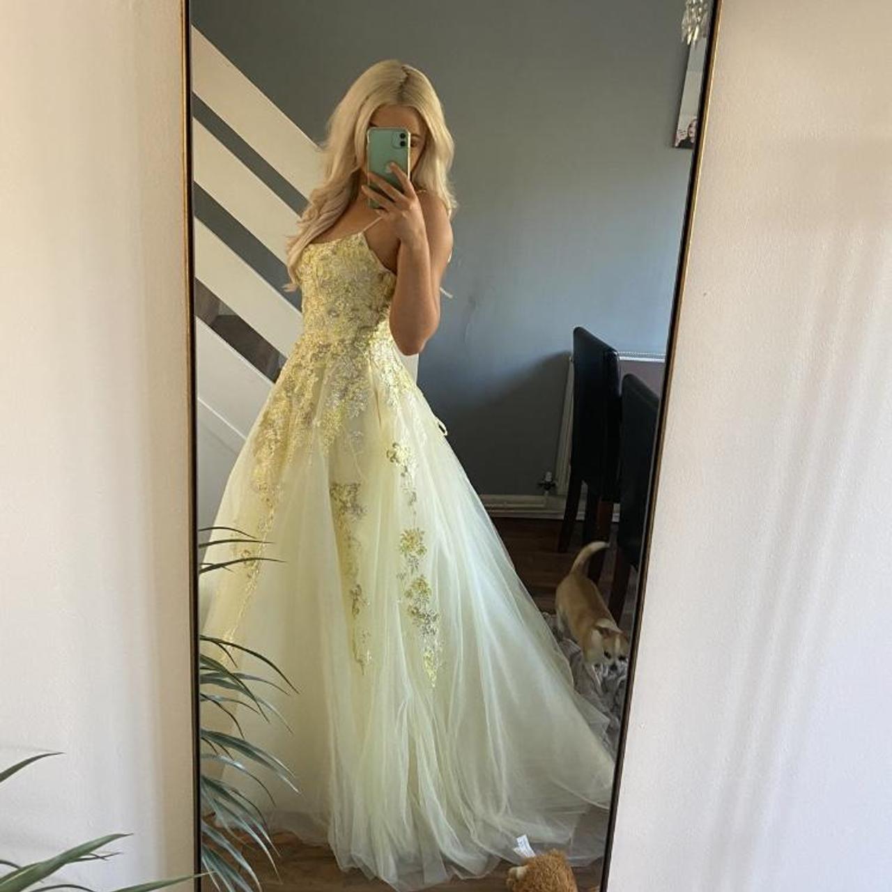 ELLIE WILDE yellow ball gown prom dress corseted... - Depop