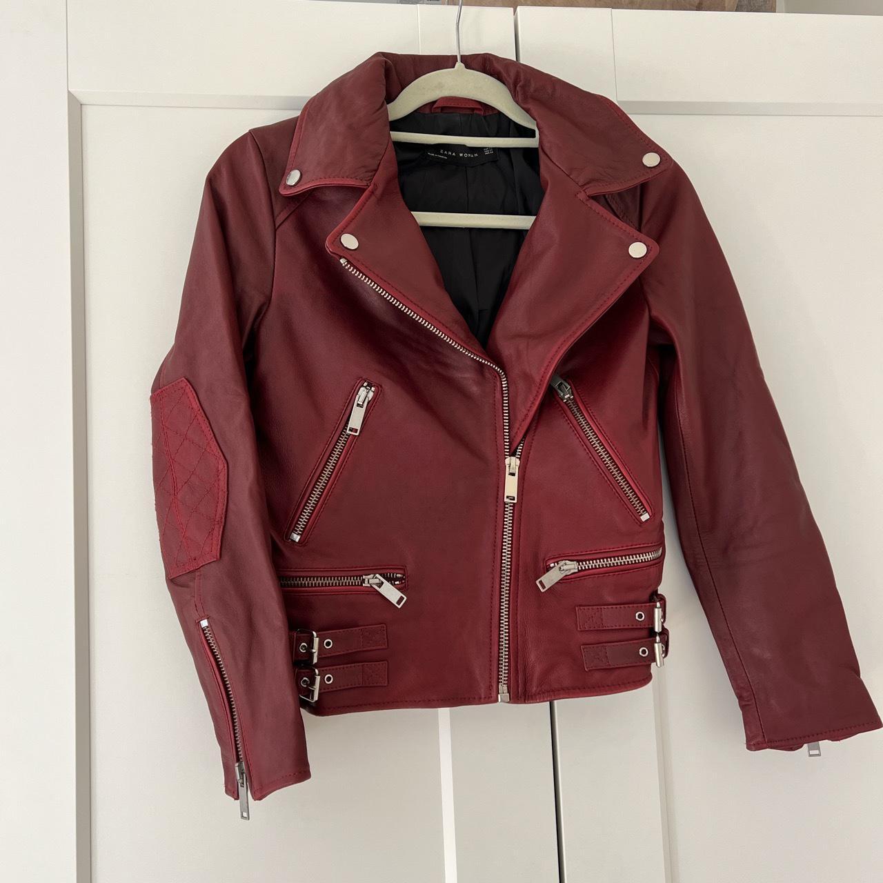 Burgundy leather jacket zara online