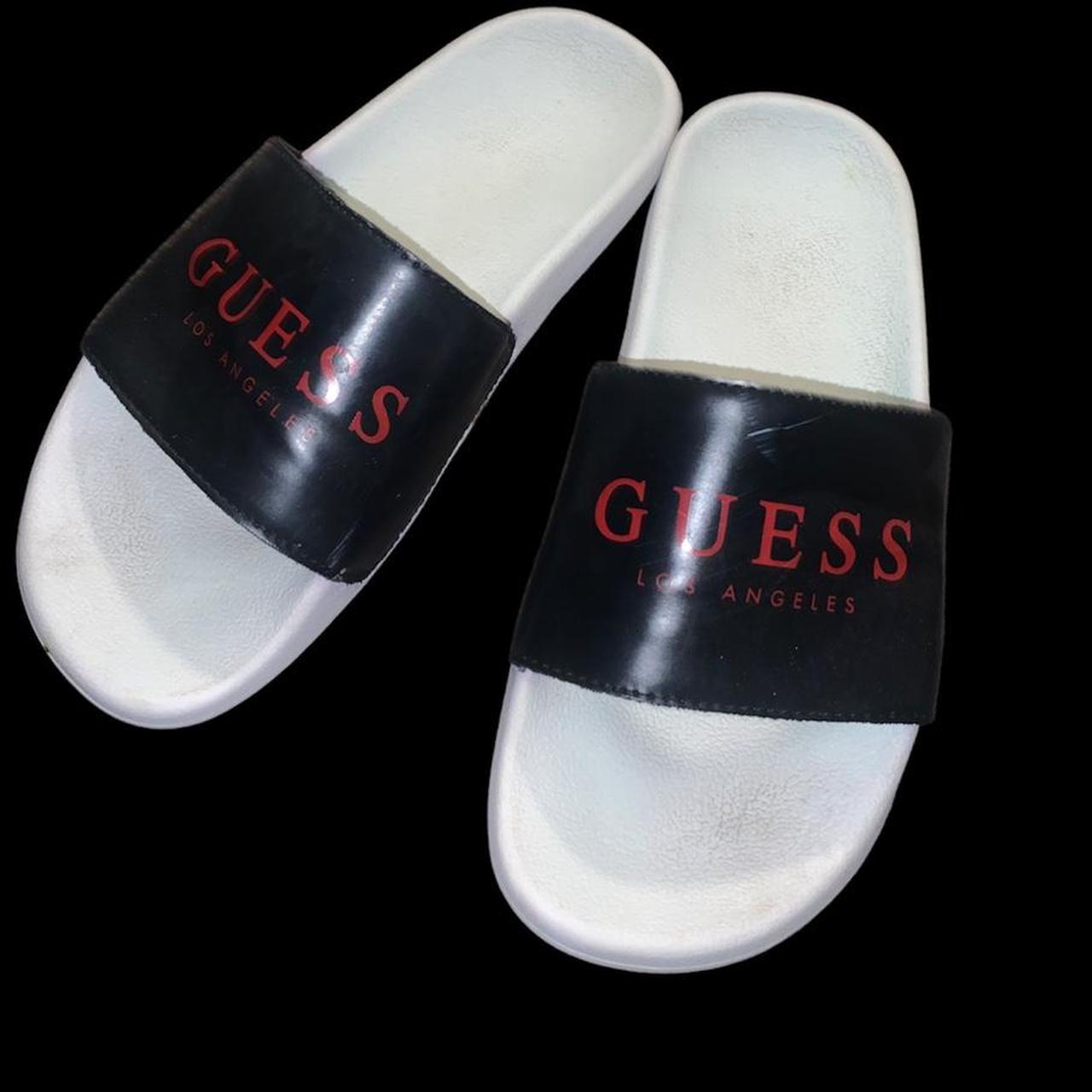 Guess Men's White and Black Slides Depop