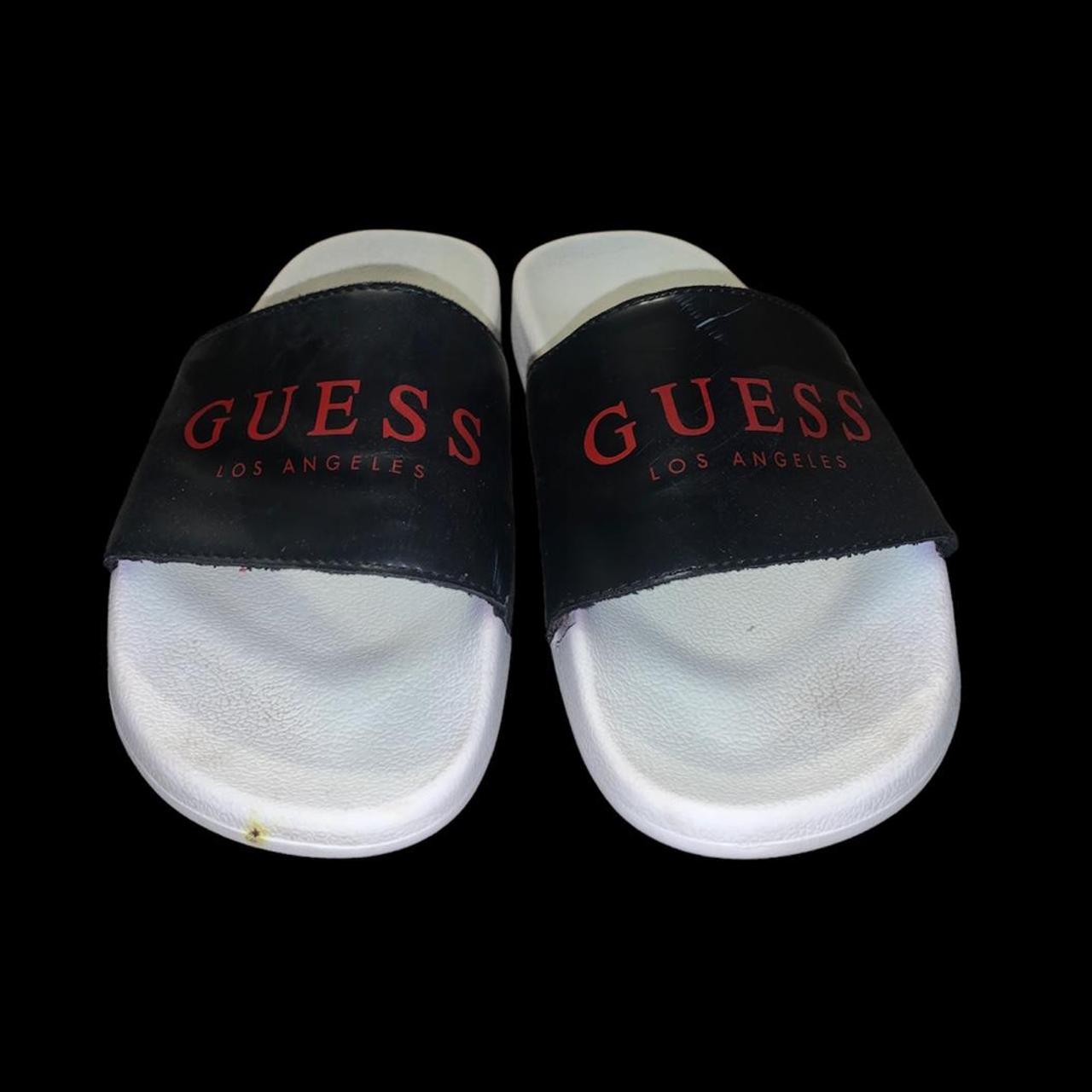Guess Men's White and Black Slides Depop