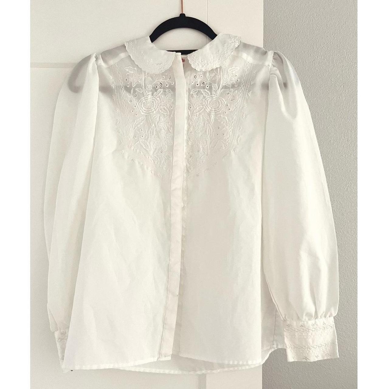 Vintage Embroidered Floral Blouse Romantic white... - Depop