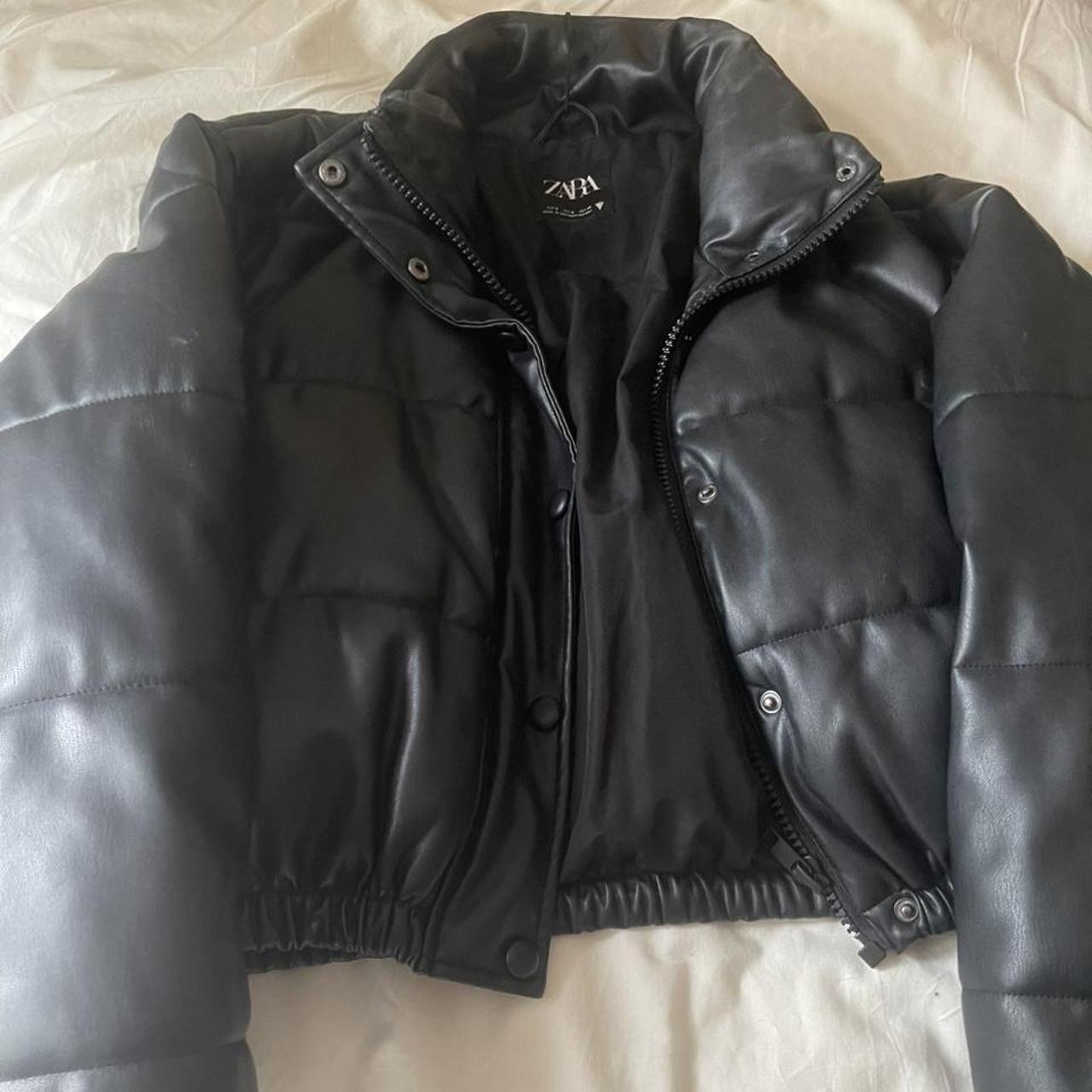 Cropped faux leather zara puffer jacket Size S... - Depop