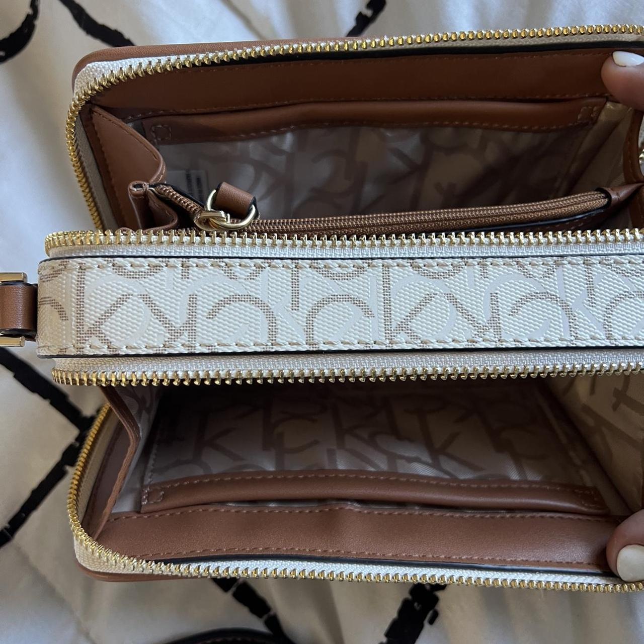 White and brown crossbody Calvin Klein bag. Has CK - Depop