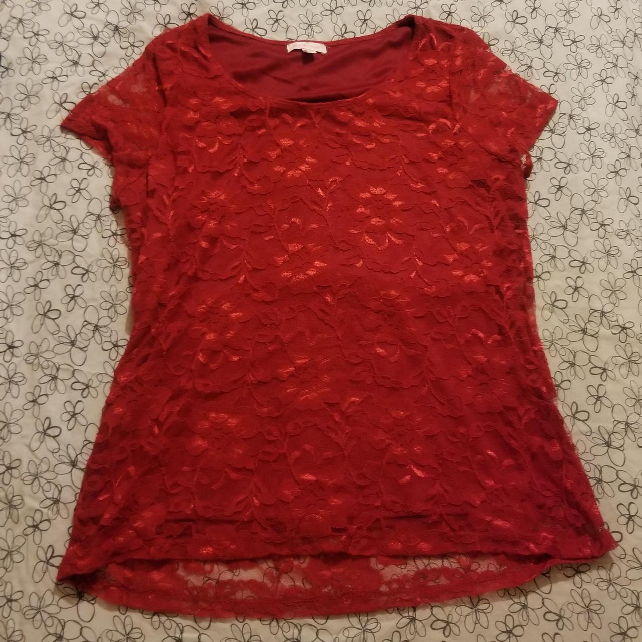 Short sleeve double layered red lace top Length:... - Depop