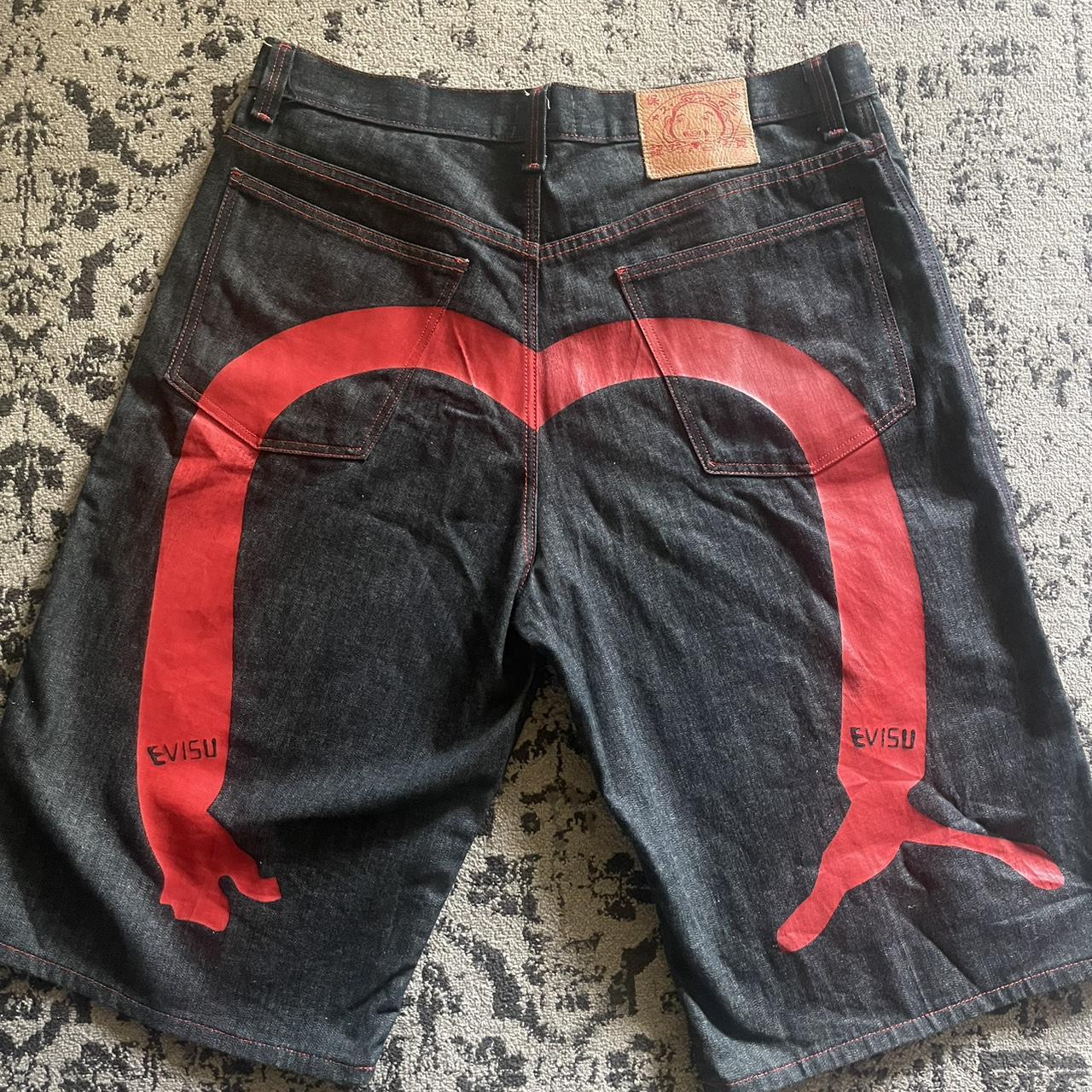 Evisu Men's Black and Red Shorts | Depop