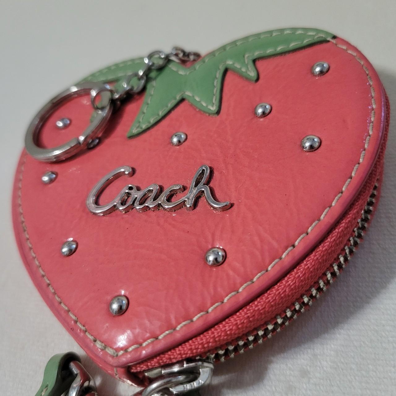 Coach Strawberry Heart Shaped Zip Coin Wristlet Key Chain Rare HTF Silver  ❤️ 🍓