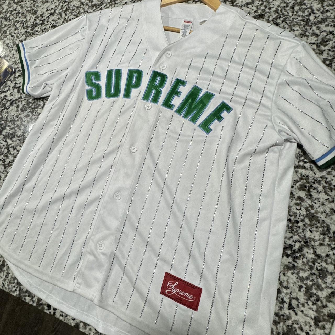 Supreme Rhinestone Stripe Baseball Jersey (White) -... - Depop