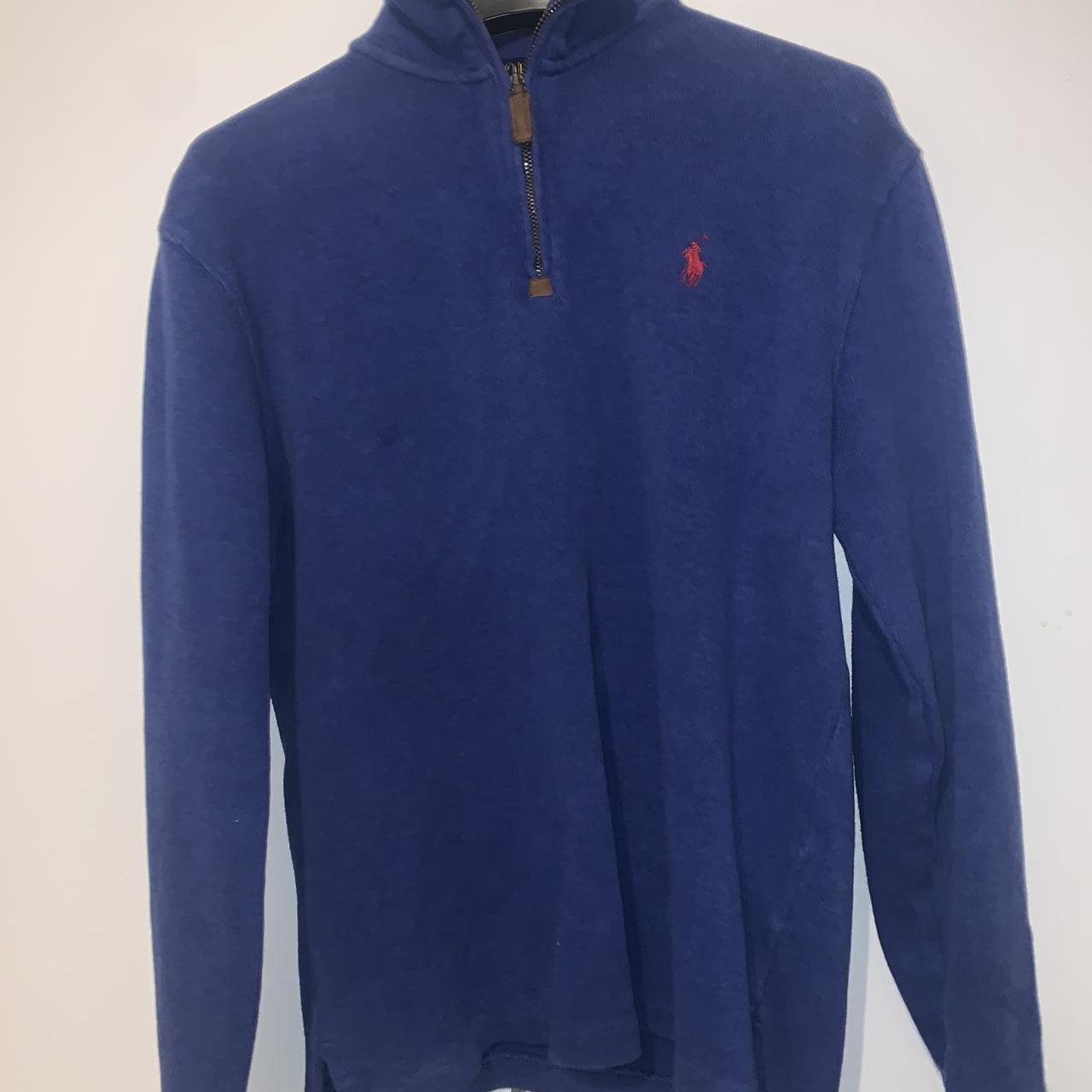 Blue Ralph Lauren quarter zip jumper. Red Logo. Size... - Depop