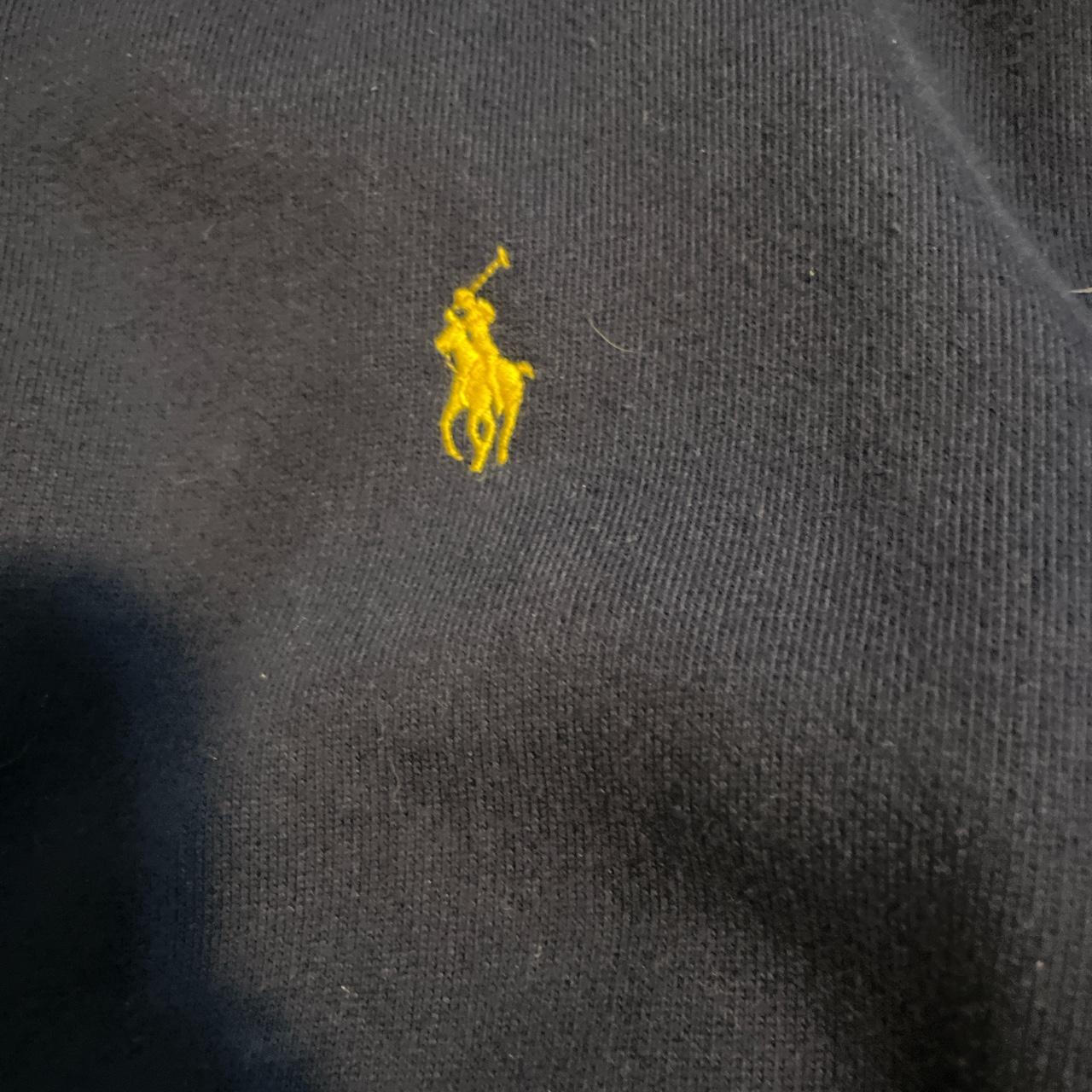 navy blue polo hoodie with yellow logo - Depop