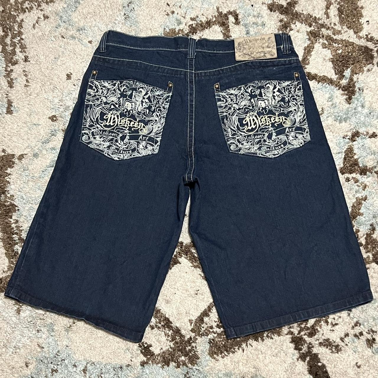 Miskeen Cyber Y2K Embroidered Baggy Jean Shorts 38... - Depop