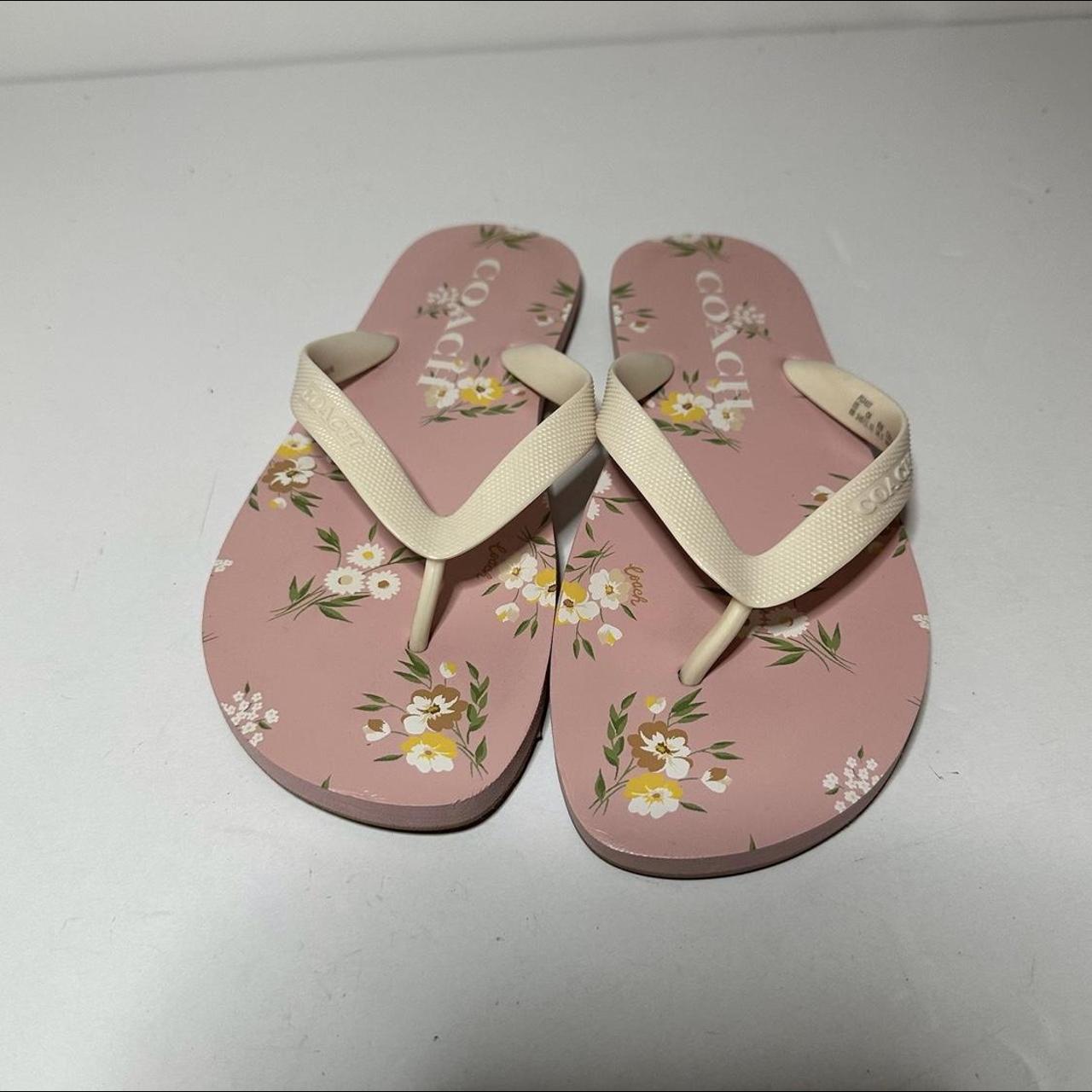 Coach Womens Flip Flops Floral Pattern Pink Tan Size Depop