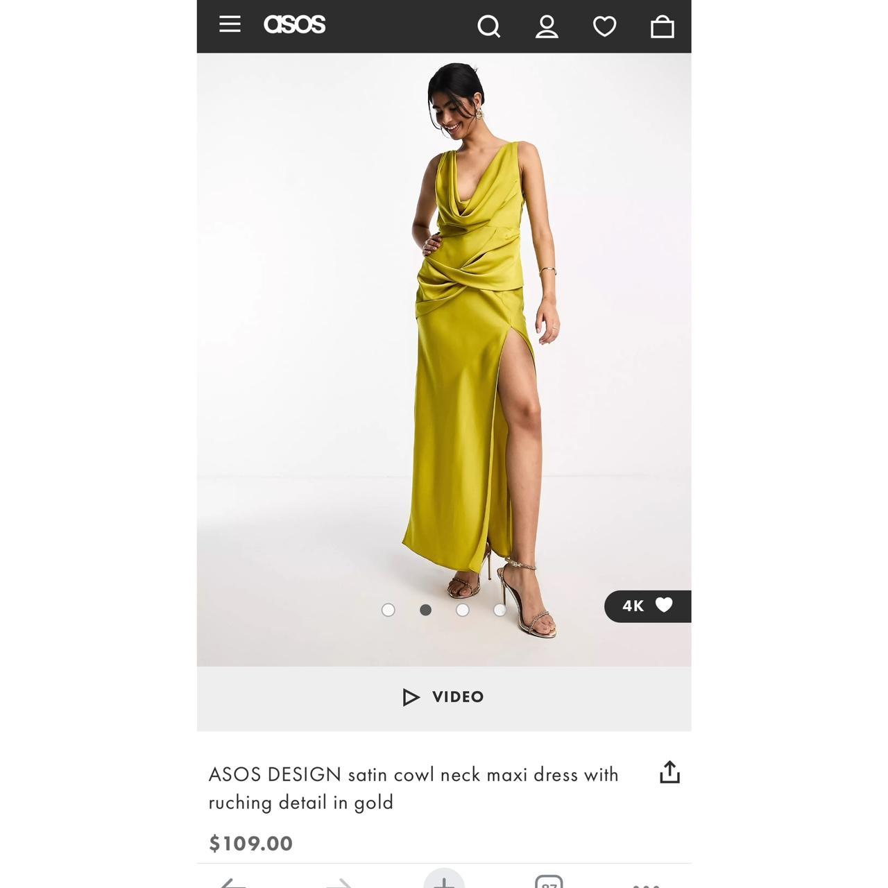 ASOS DESIGN satin cowl neck maxi dress with ruching detail in gold