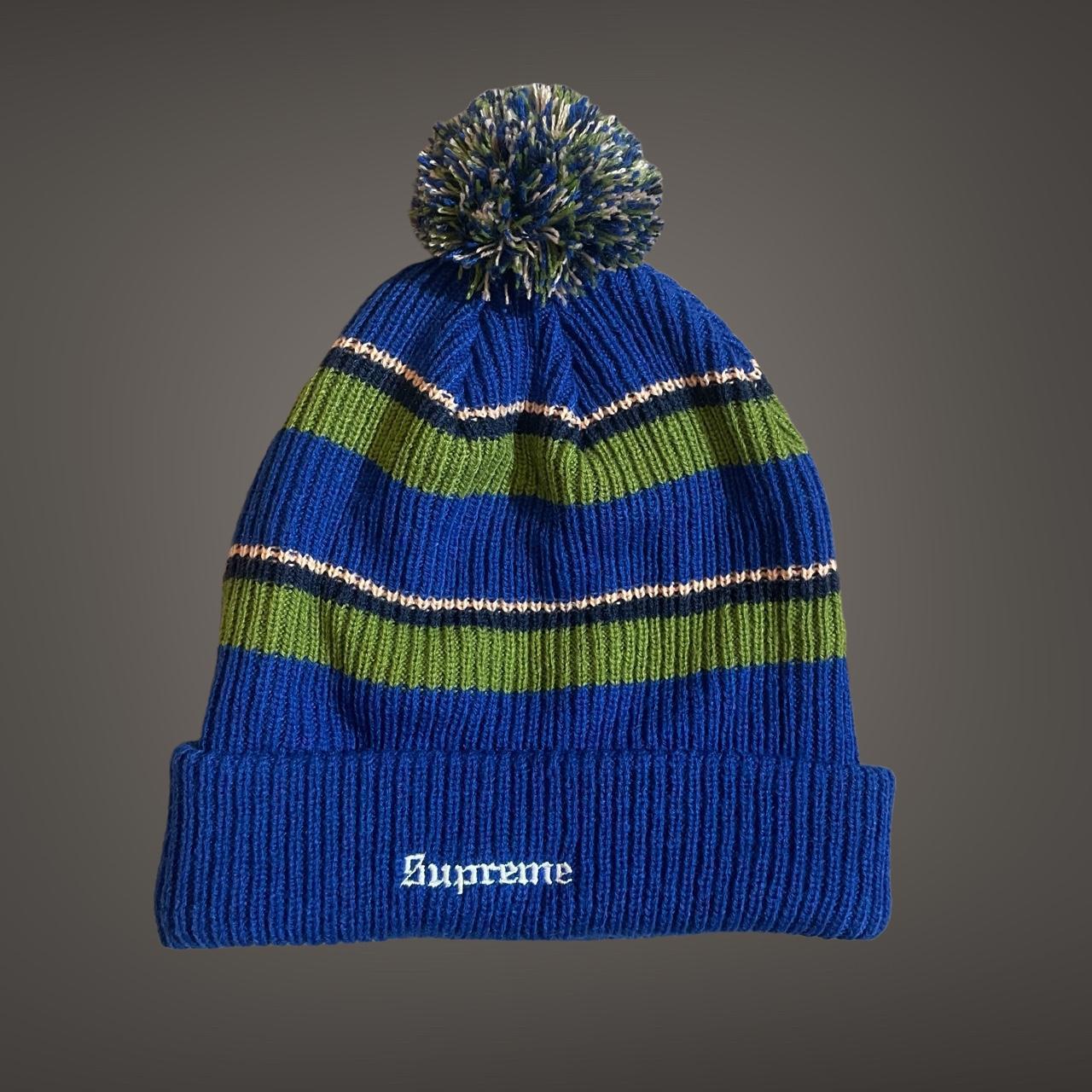 Supreme FW17 big stripe beanie with bobble blue and | Depop