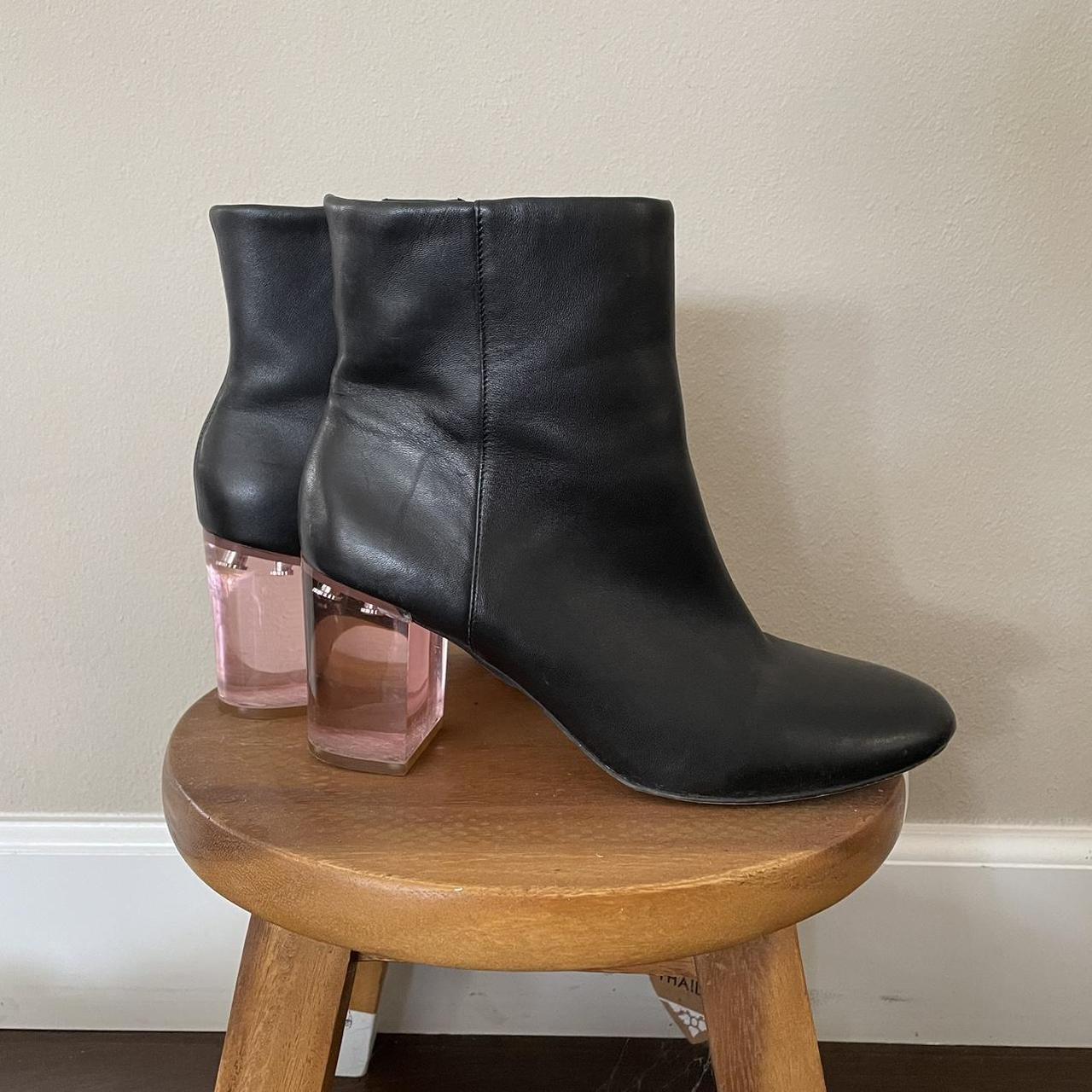 INC heeled real leather booties with clear