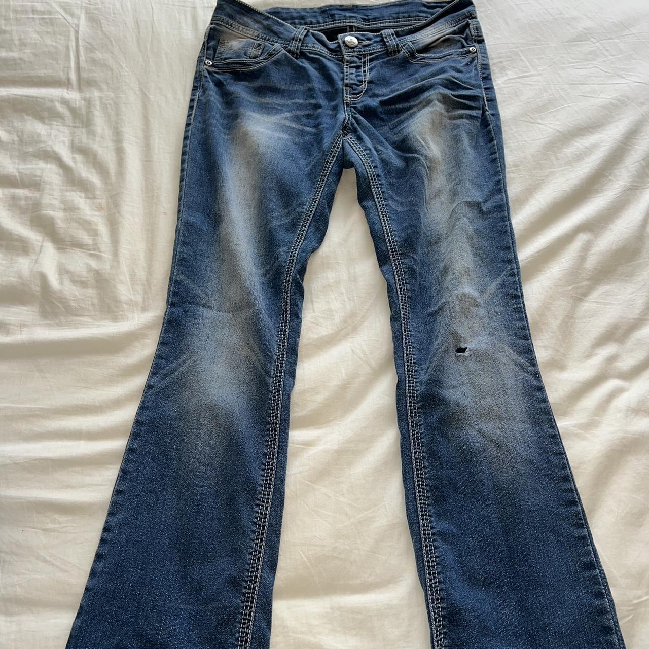 Blue low rise flare jeans, Y2K, size 9 Worn, small... - Depop