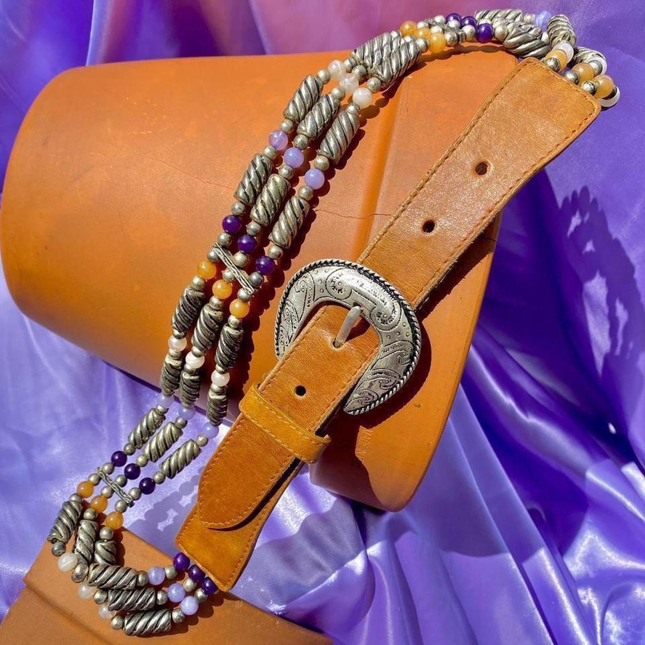 💜 LEATHER + BEAD VINTAGE BELT CRYSTALLINE OUTSHINE!... Depop