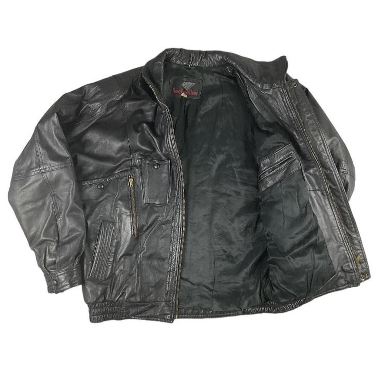 Vintage black leather bomber jacket Size L seen on... - Depop