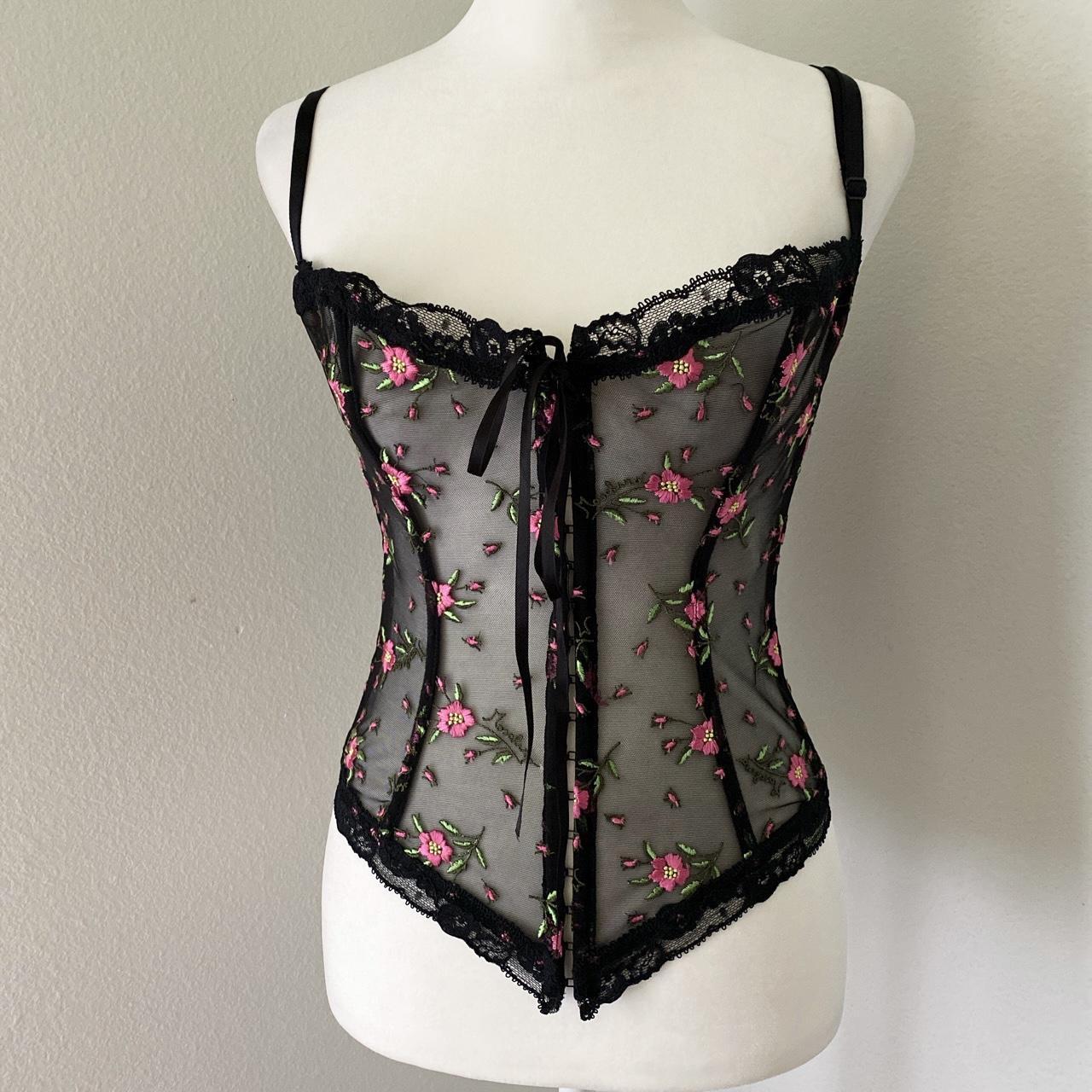 Vintage black floral corset top , Floral embroidered