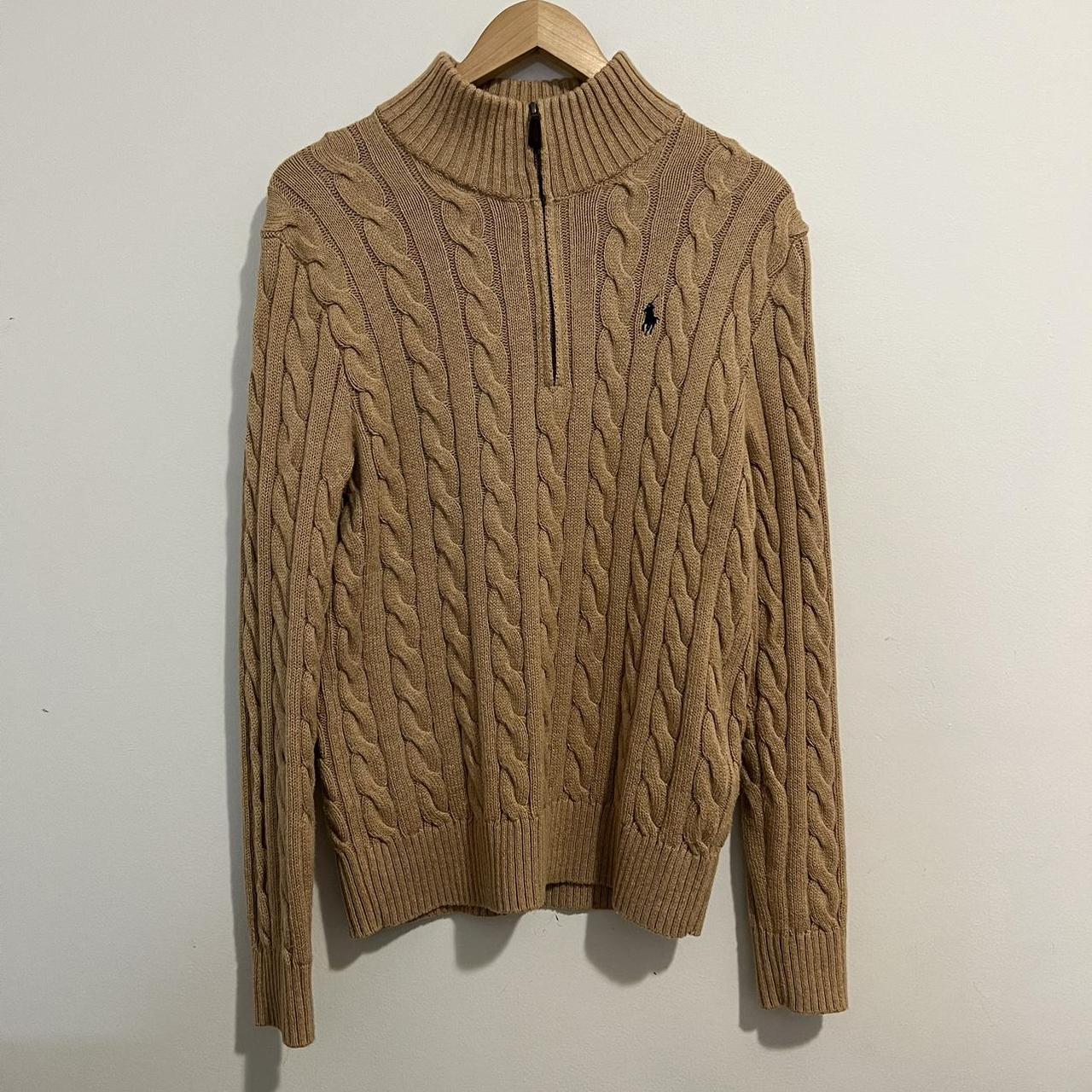 ralph lauren brown cable knit zip up sweater jacet - Depop