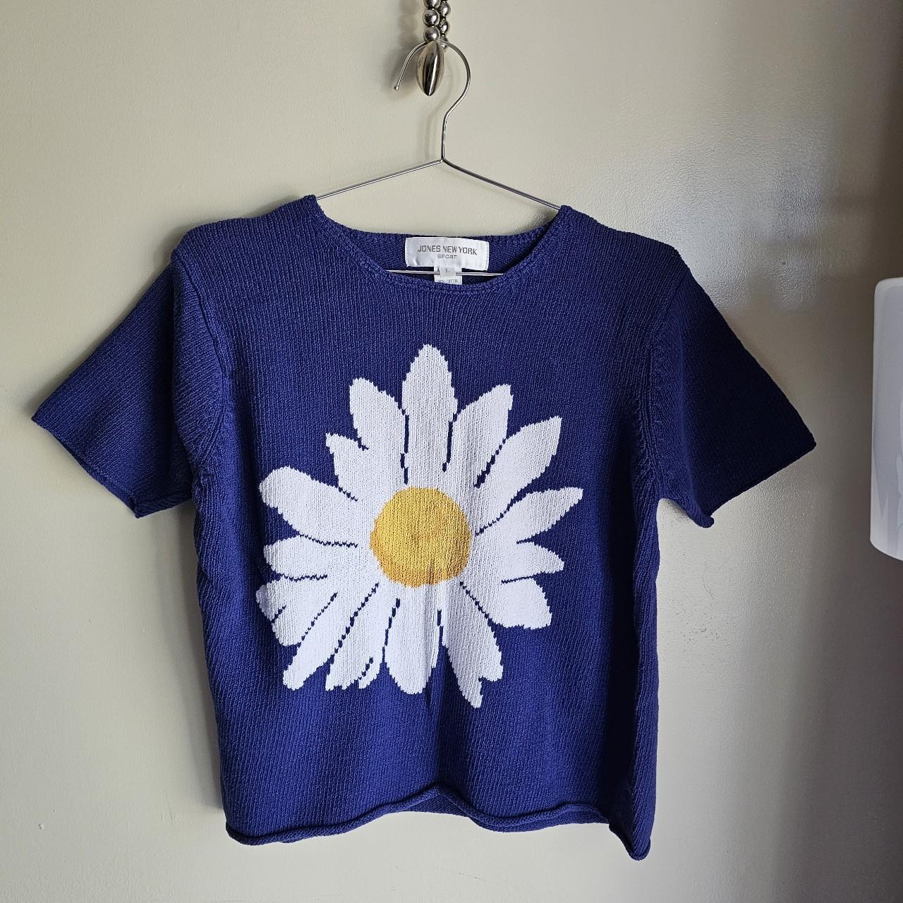 Vintage Knit Top Daisy Size Large Short Sleeve Blue... - Depop