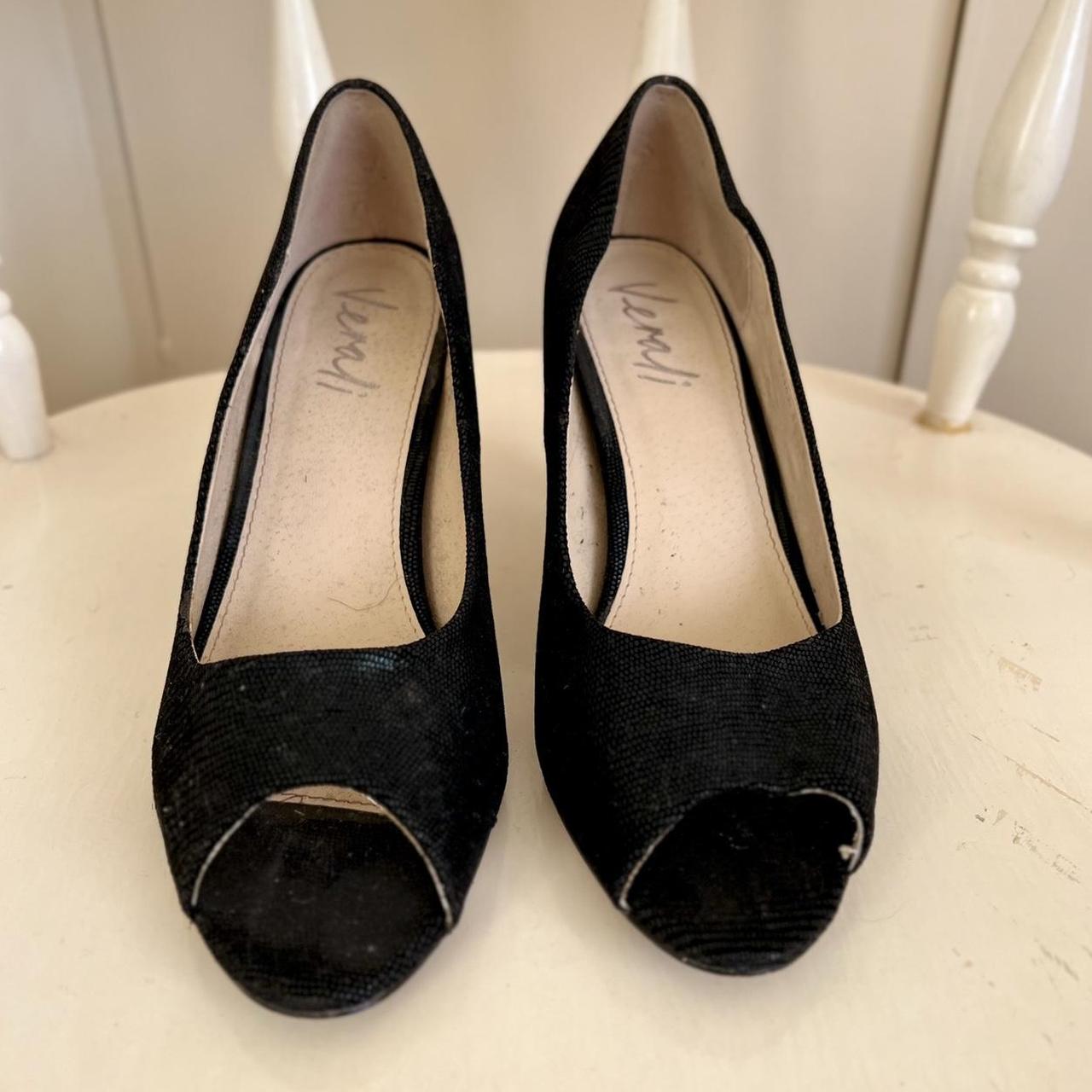 Black kitten heel, with peep toe, and textured... - Depop