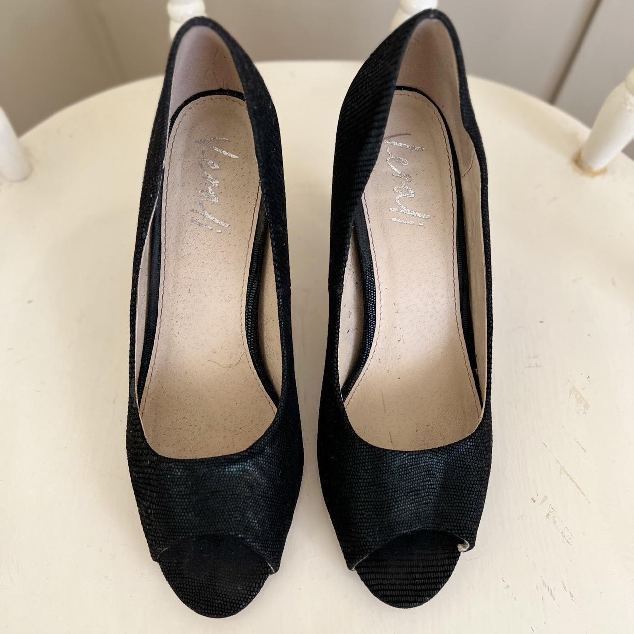 Black kitten heel, with peep toe, and textured... - Depop