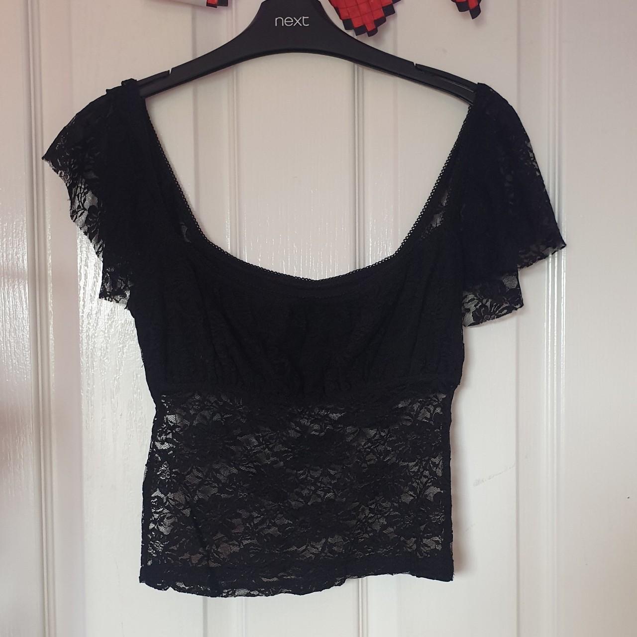 black lace cropped party top with puff sleeves fits... - Depop