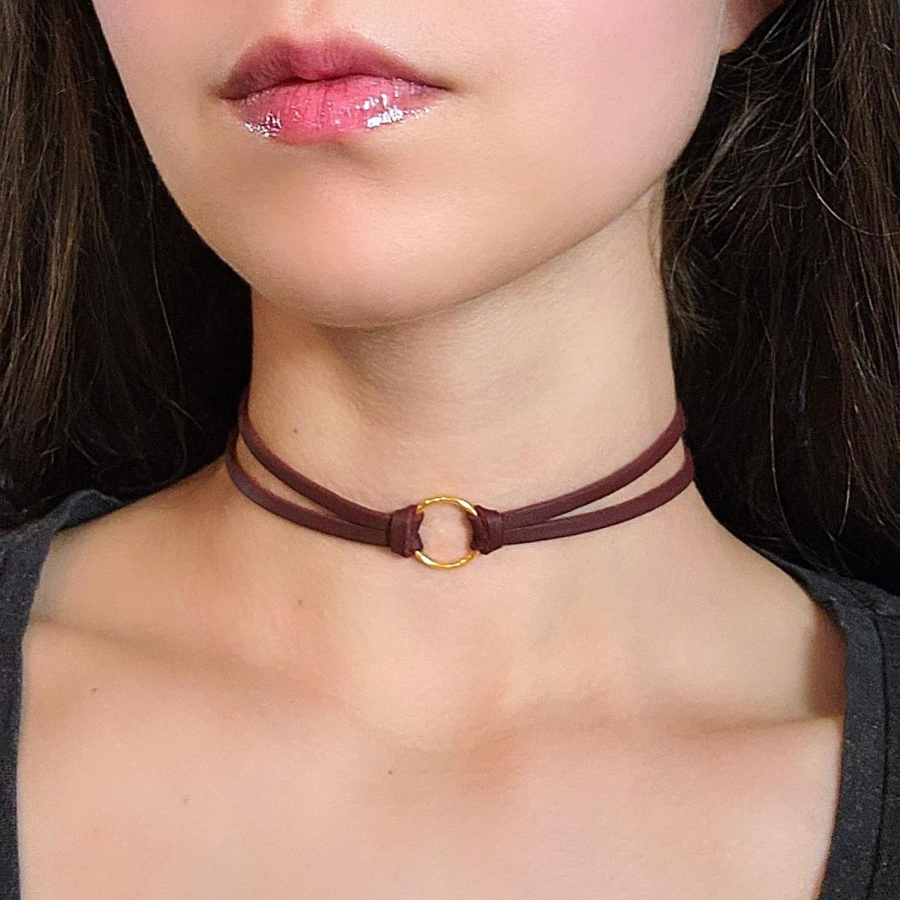 Red Leather Choker Gold O Ring Goth Layered Depop