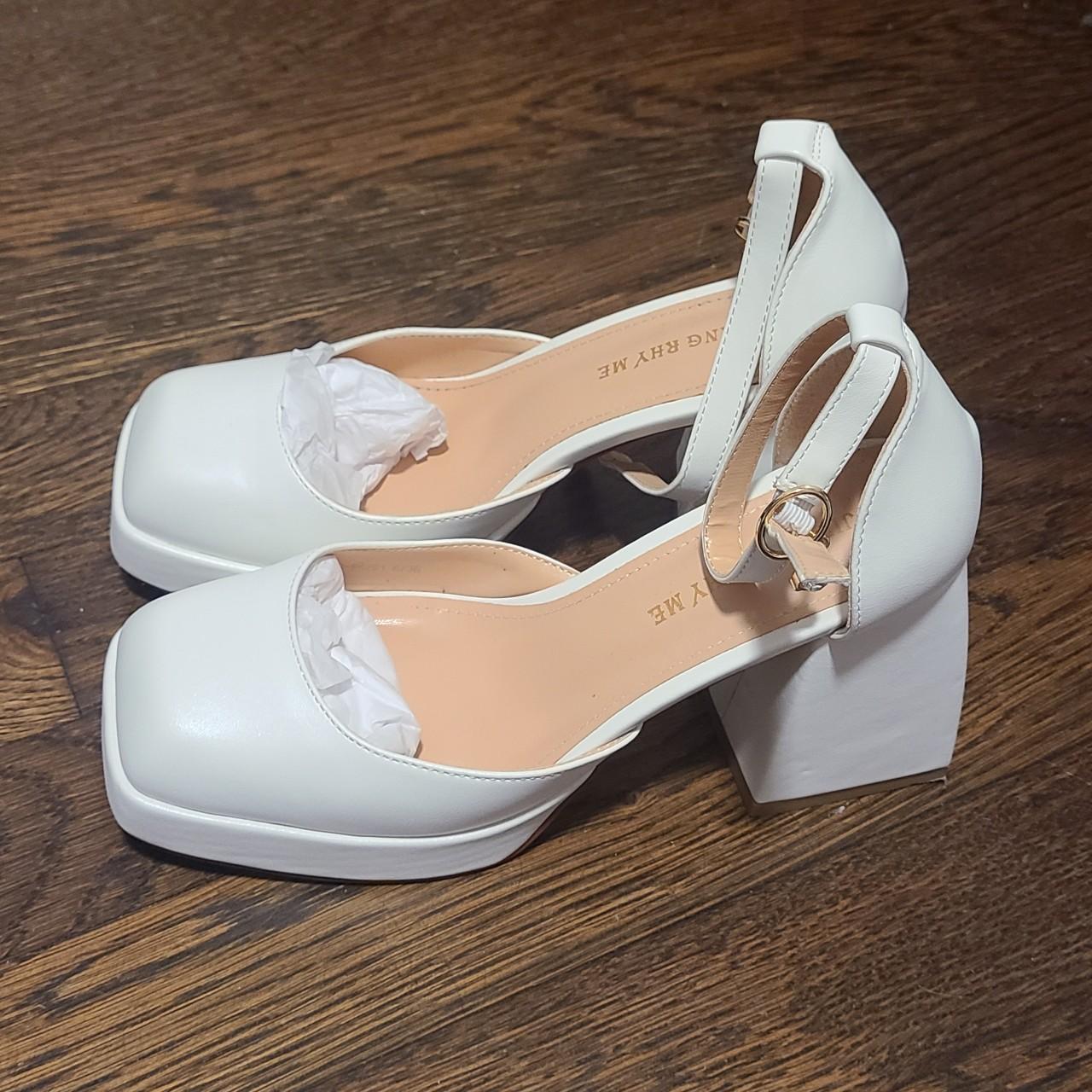 small white block heels
