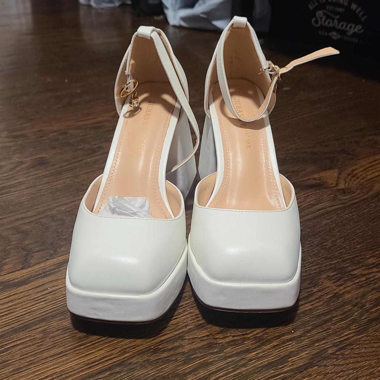 small white block heels