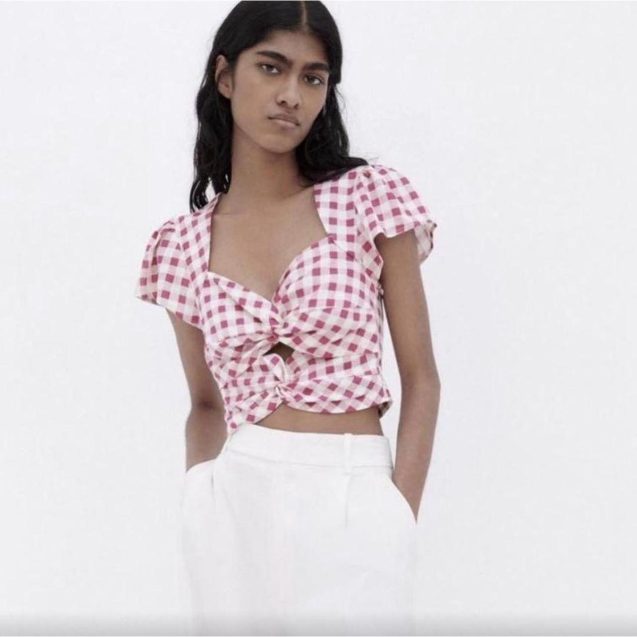 Zara Pink Gingham Puff Sleeve Cut Out Crop Top Medium