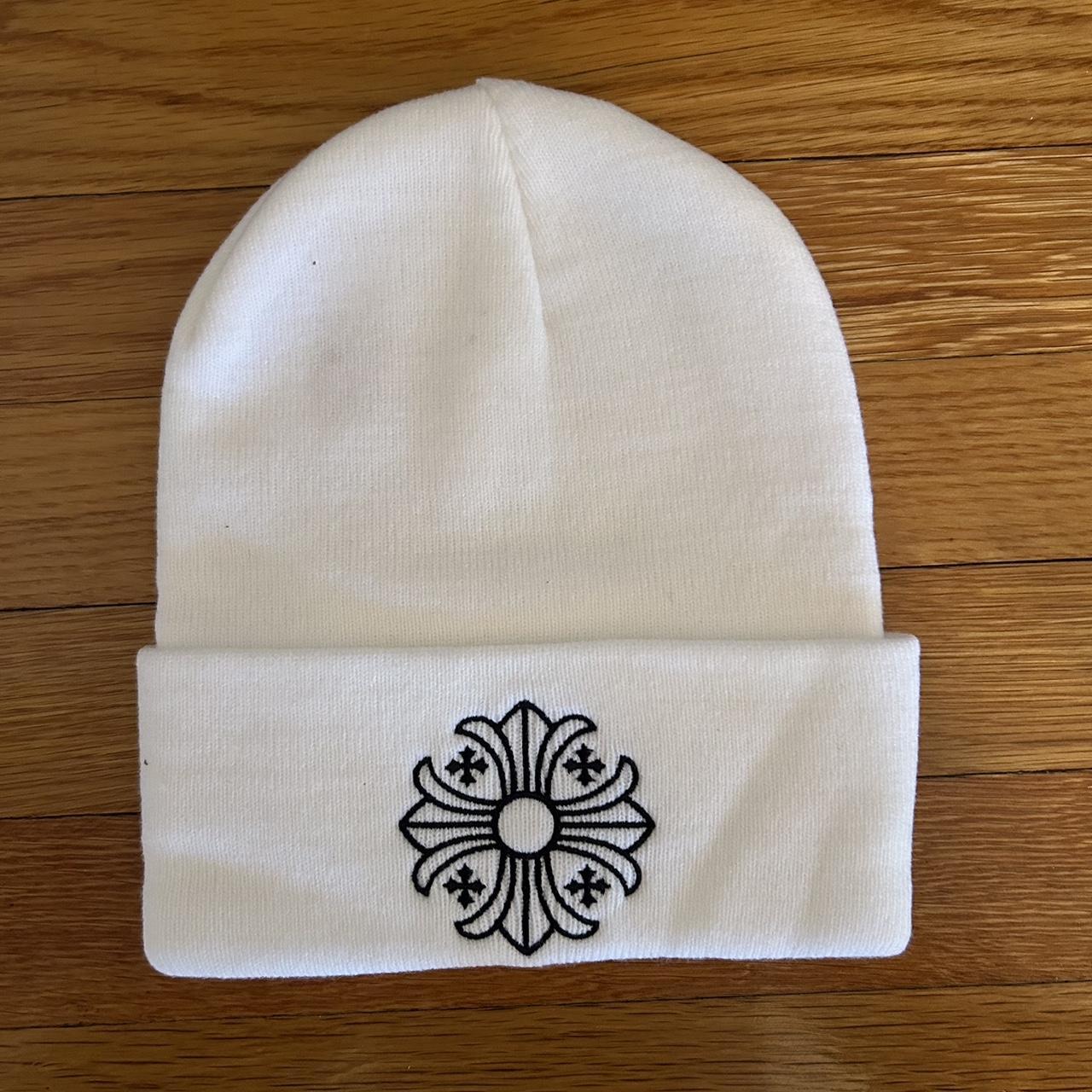 Chrome hearts mini cross logo gothic text white beanie | Depop
