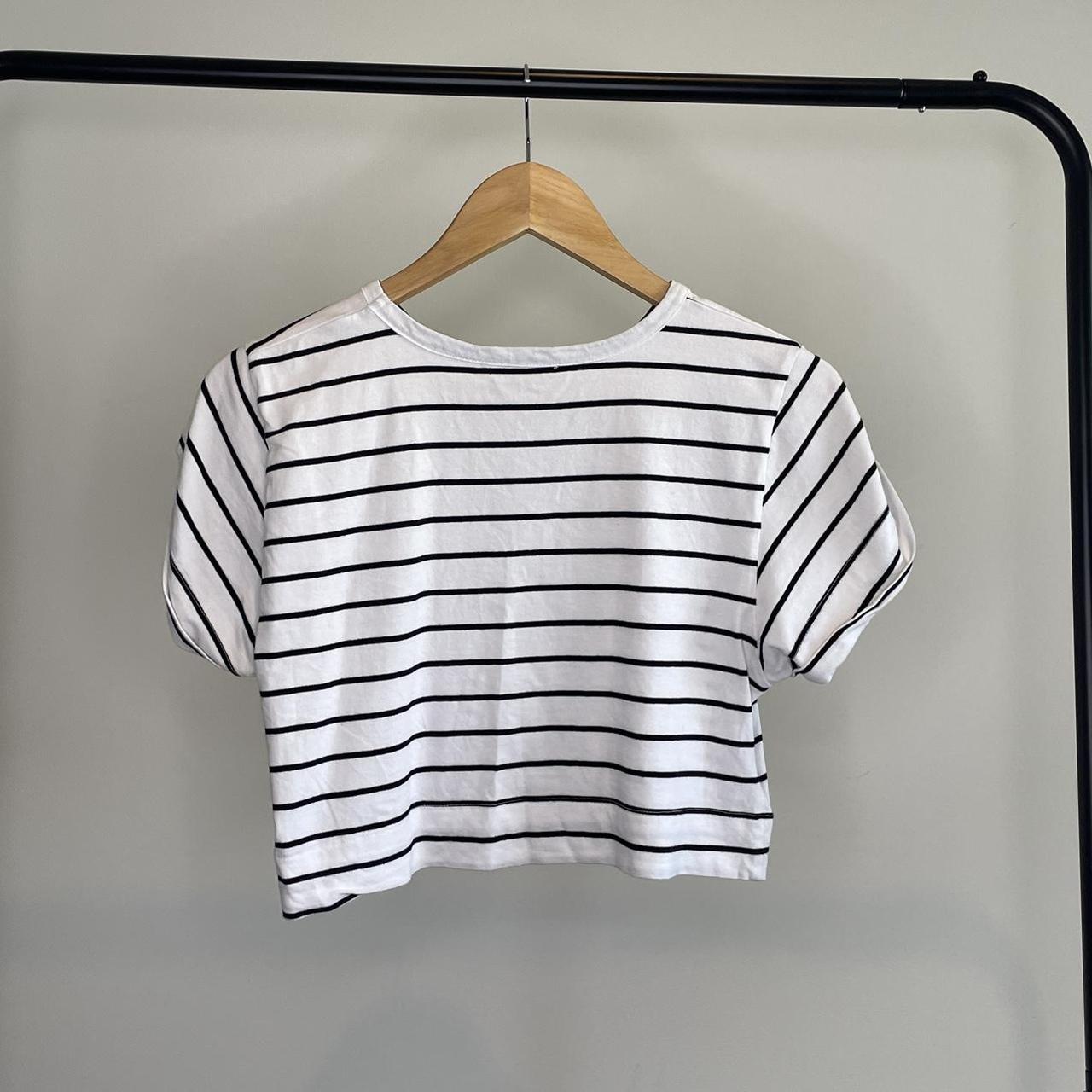 Kookai black and white horizontal stripe crop t... - Depop