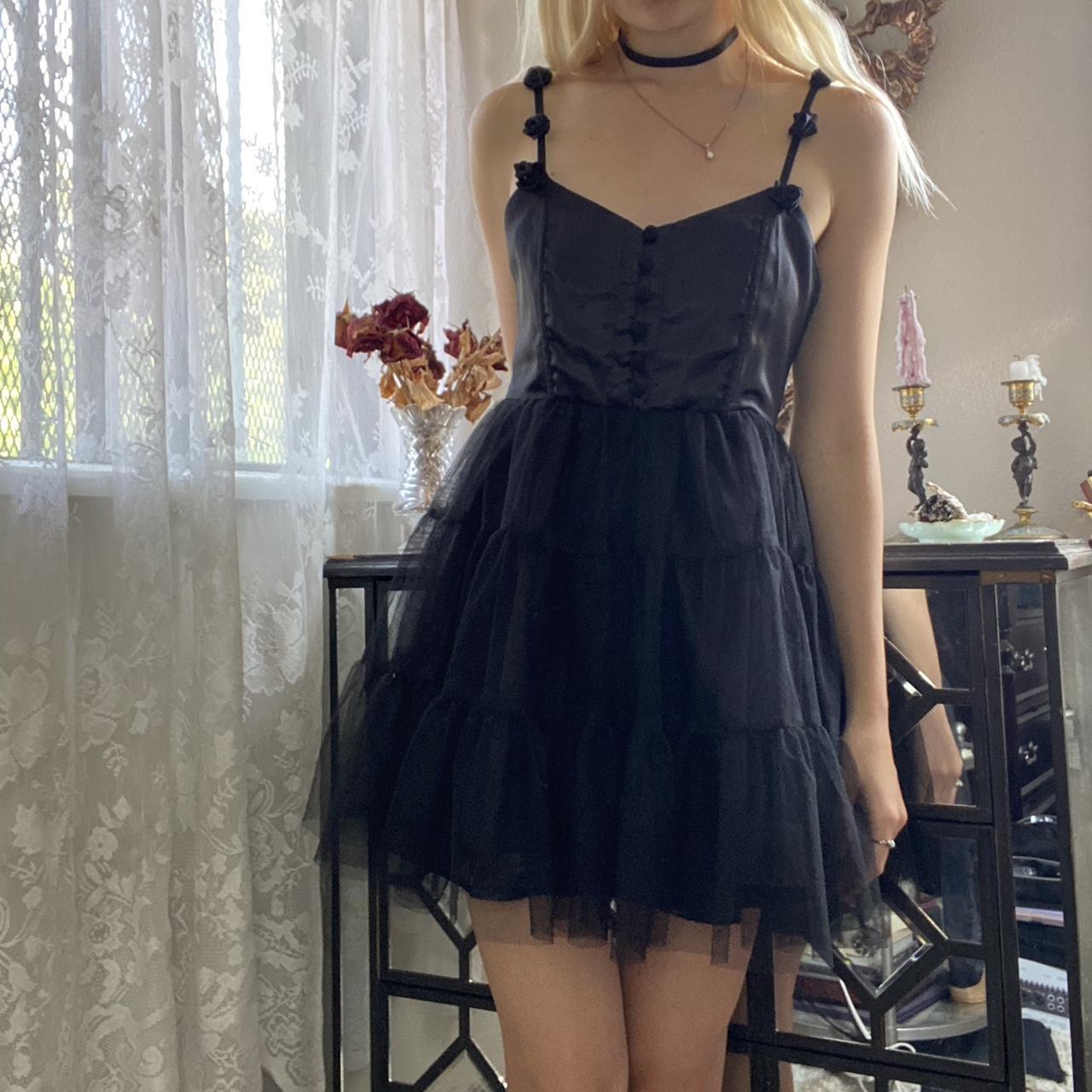 tulle babydoll mini dress with tiered ruffle skirt... - Depop
