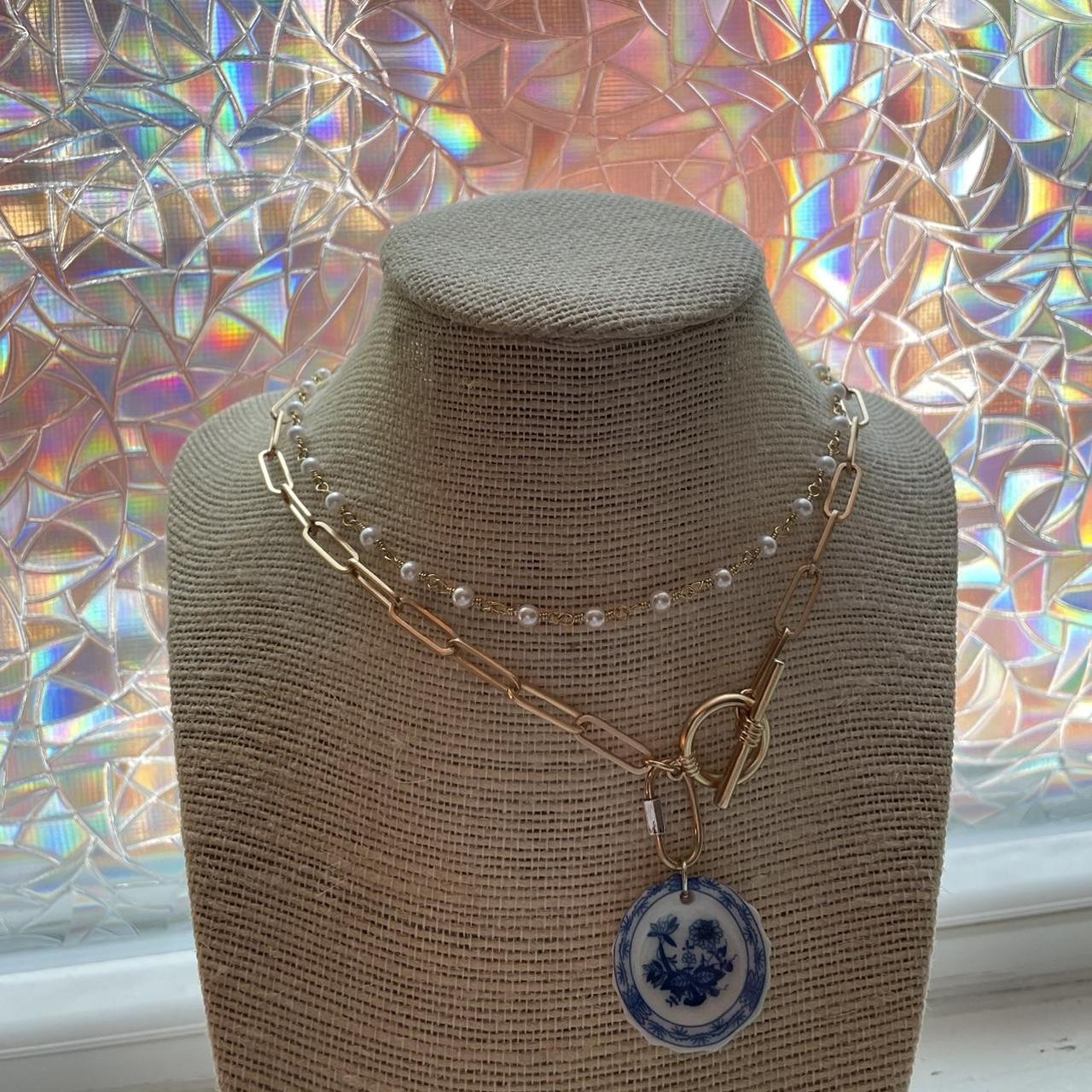 Handmade blue and white charm plate gold necklace... - Depop