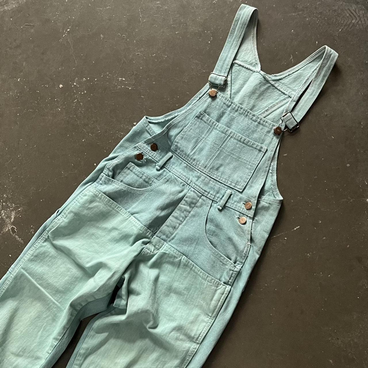 90’s vintage turquoise denim overalls with workwear... - Depop