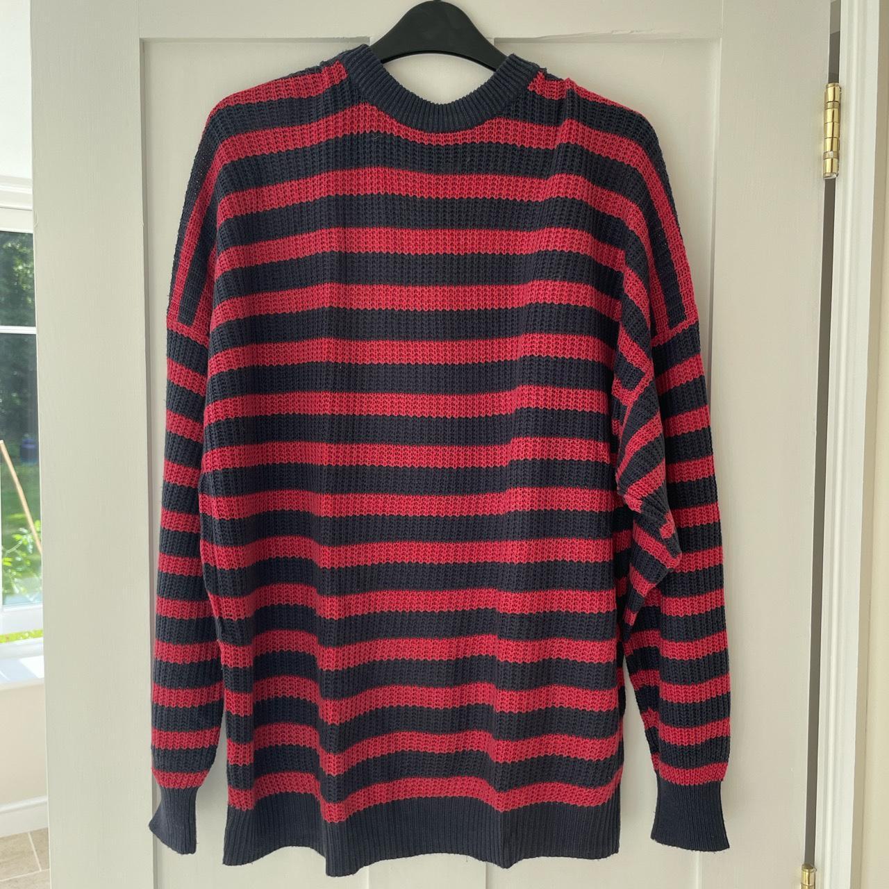 Oversized red and navy blue pull and bear jumper... - Depop