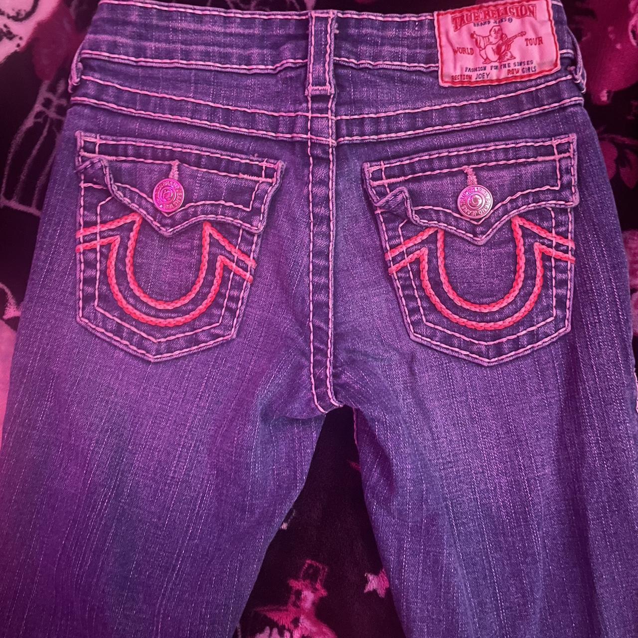 pink bootcut true religion jeans lowrise!! kids size - Depop