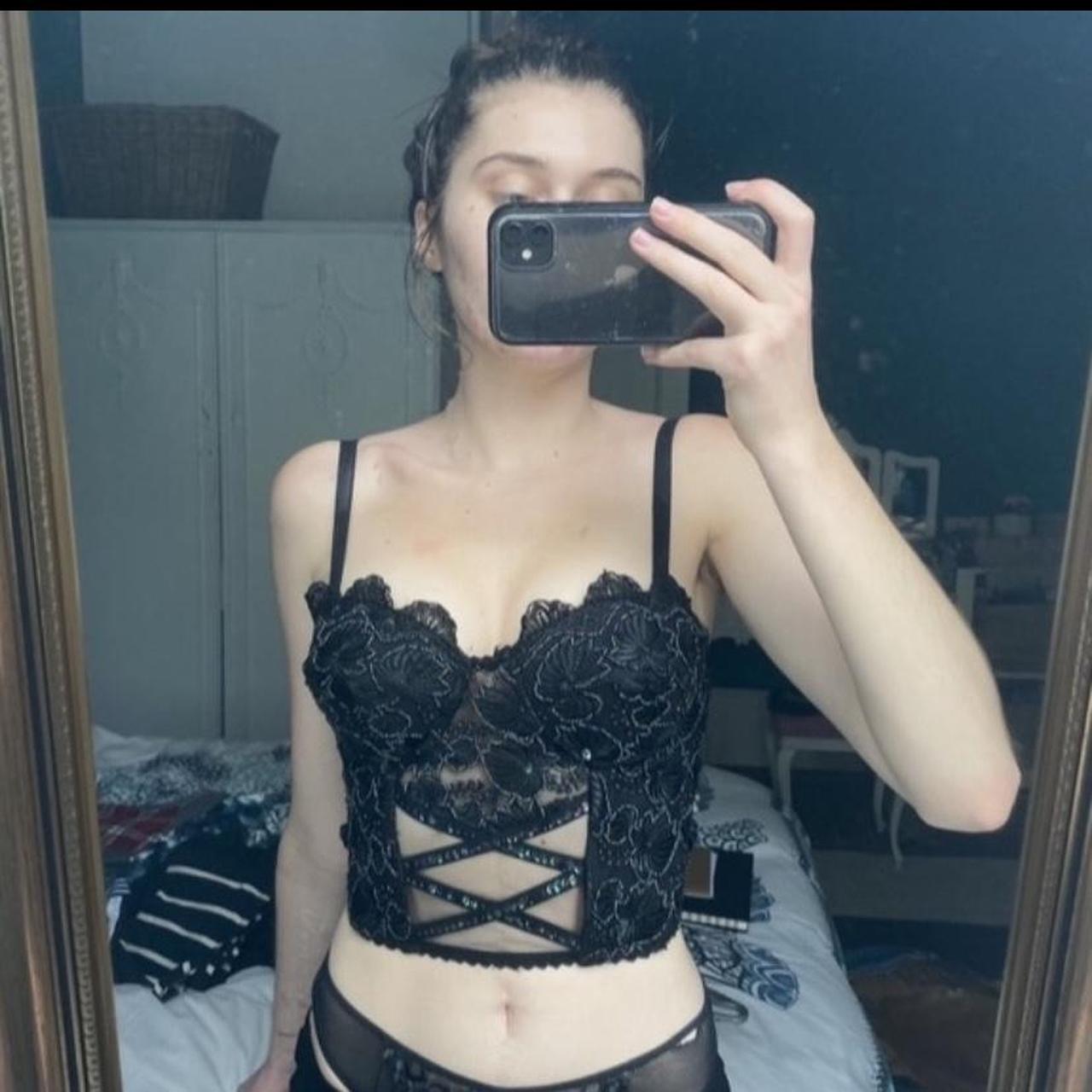 Black embroidered sparkly + mesh corset top Has... - Depop