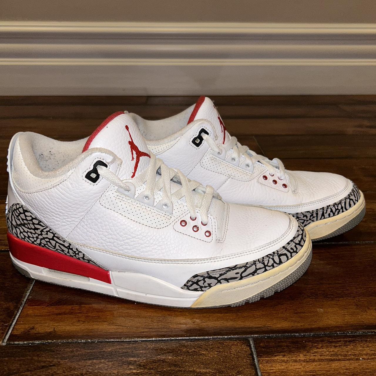 Air Jordan 3 Retro - white/red/tech grey great... - Depop