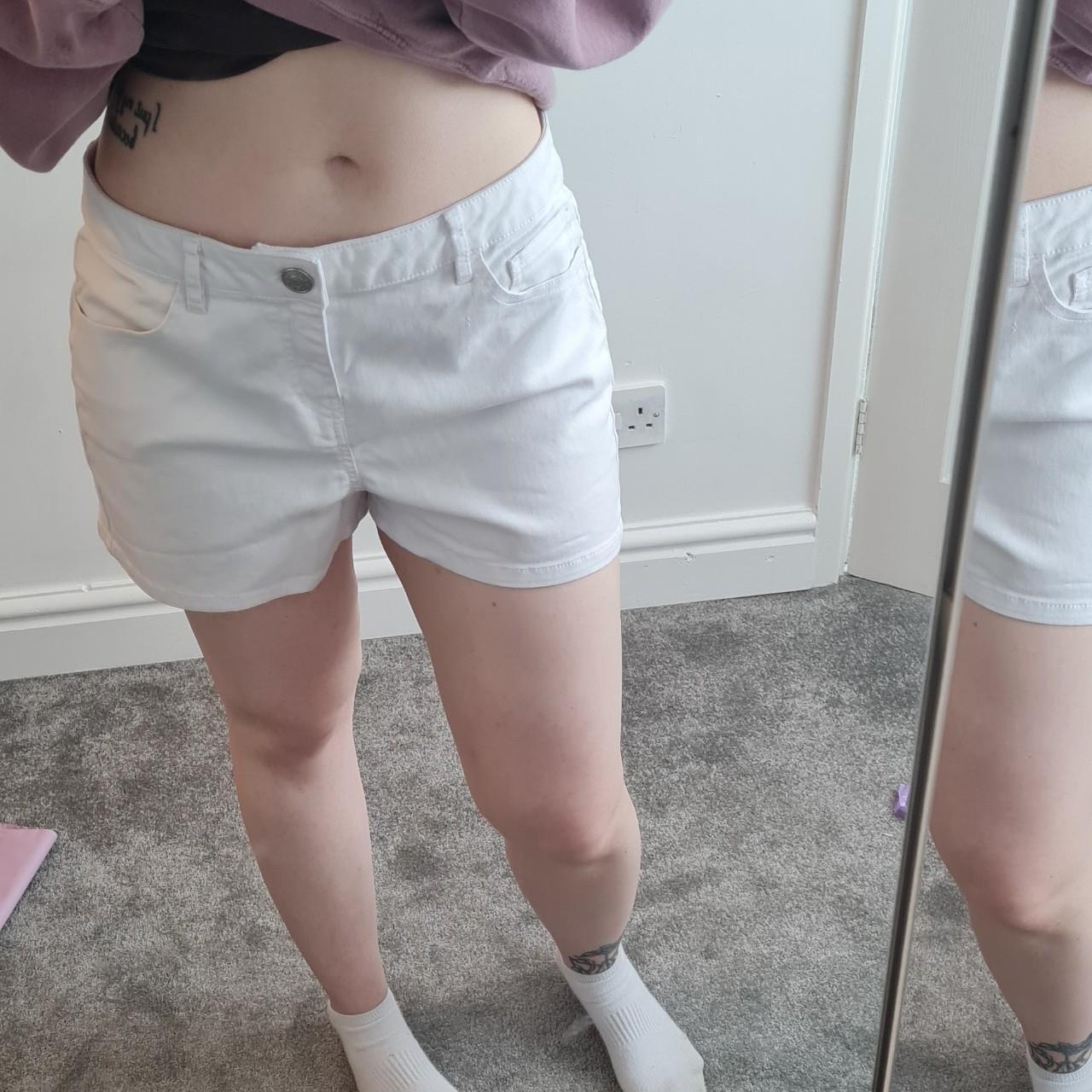 17. White denim shorts. No size shown but it fits me... - Depop