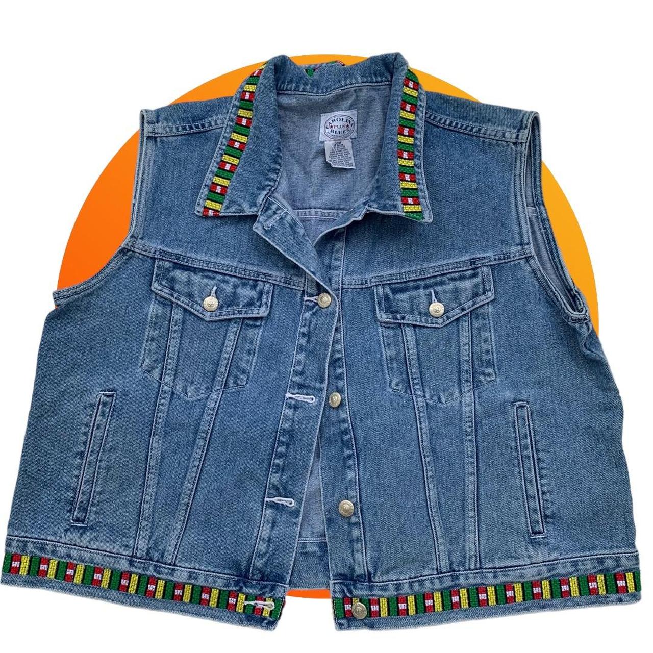 90s denim button up vest, has colorful embroidered... - Depop