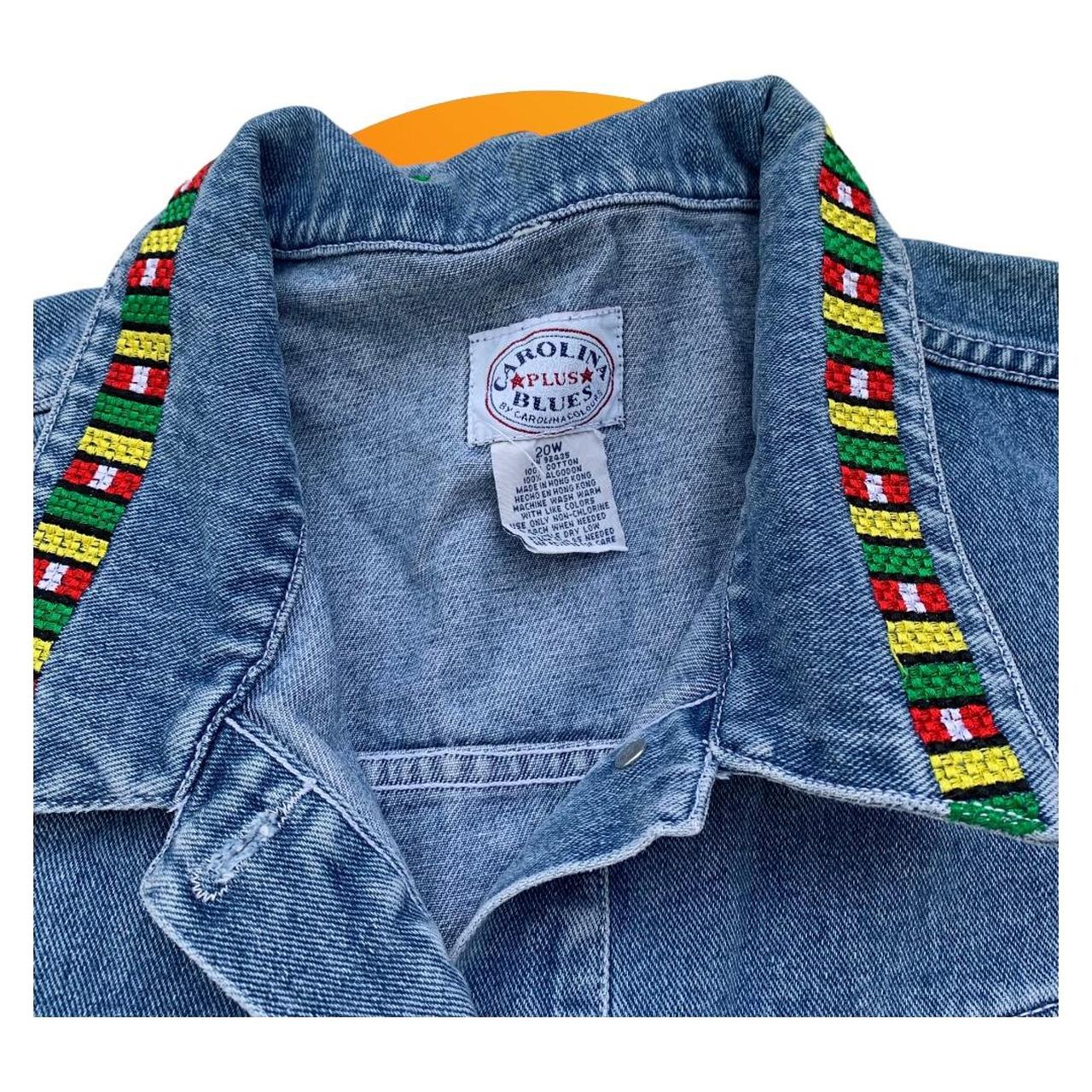90s denim button up vest, has colorful embroidered... - Depop
