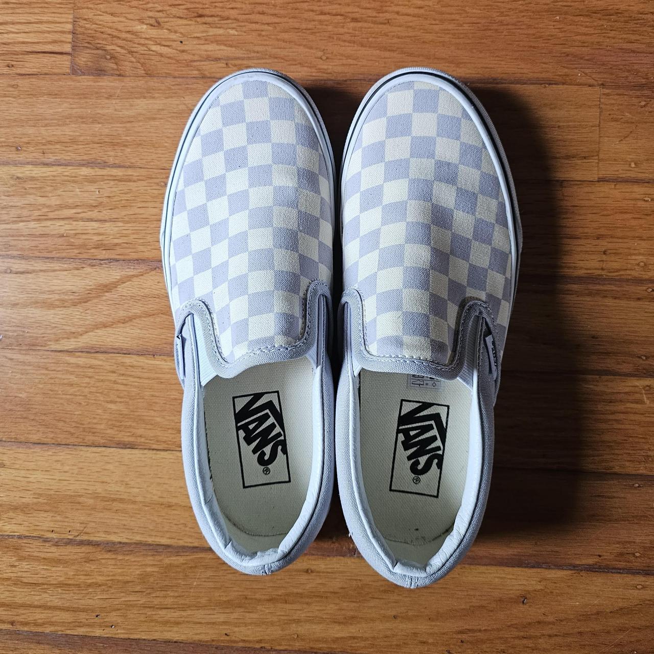 Gray dawn checkerboard slip on vans best sale