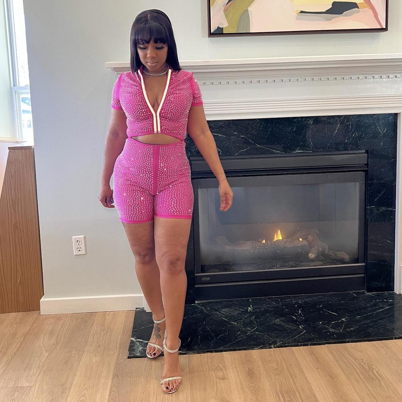 Pink Rhinestone Romper with Hollow Out in front This